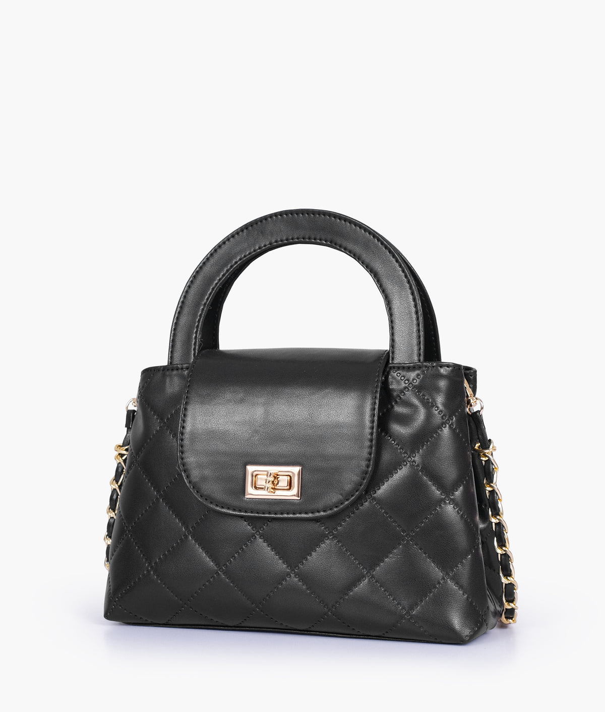 Black flap quilted bag with top handle