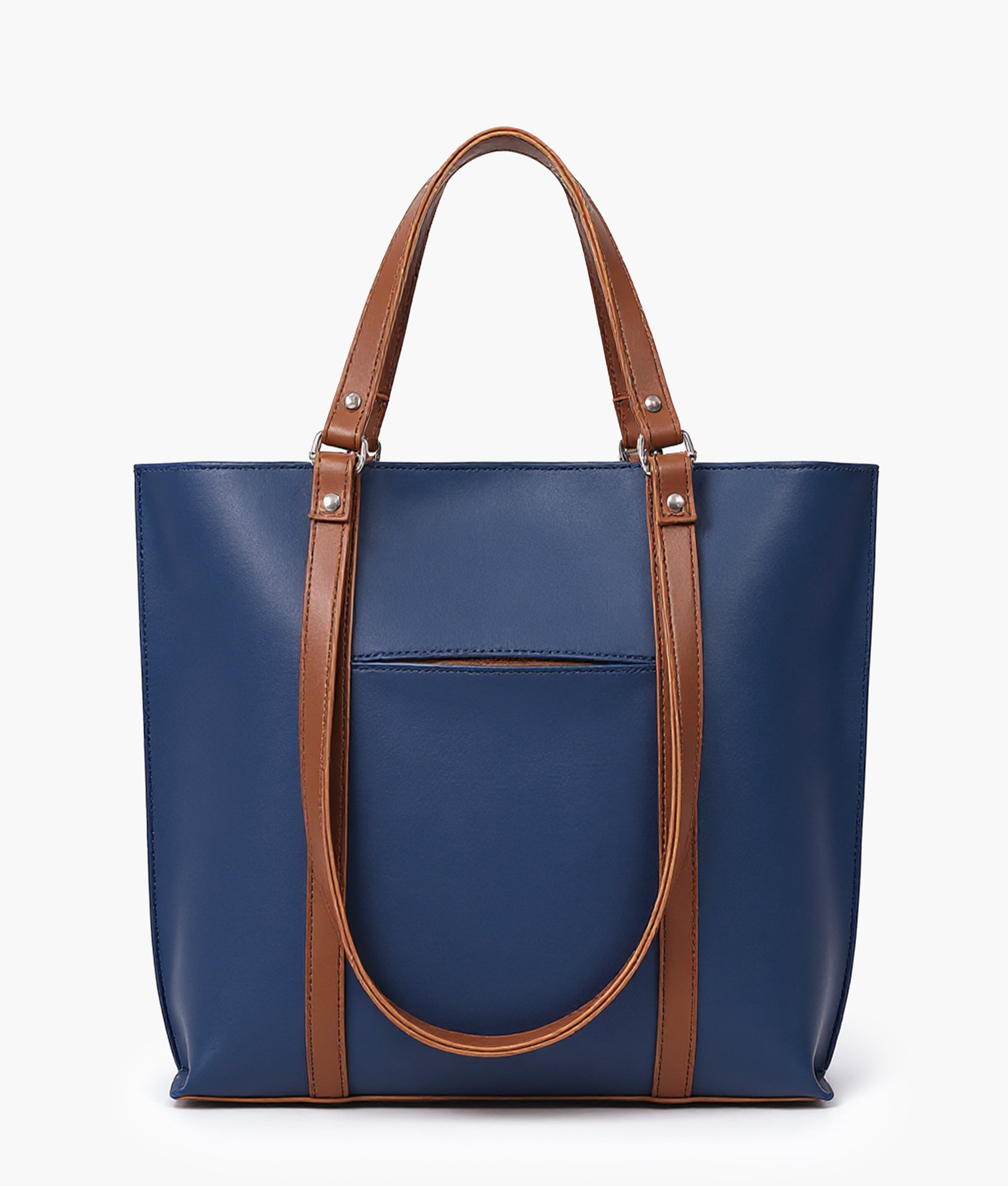 Blue and brown double-handle tote bag