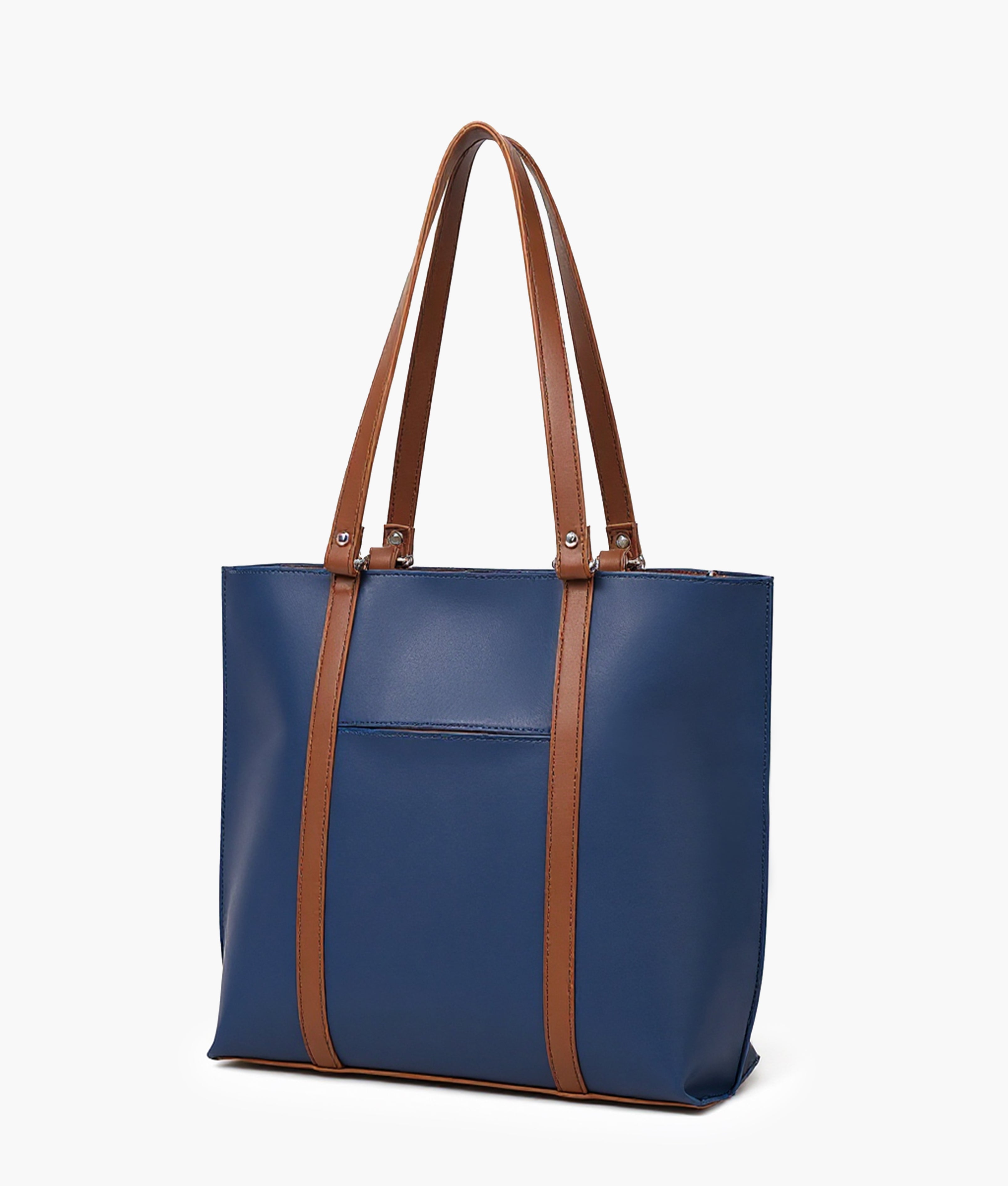 Blue and brown double-handle tote bag
