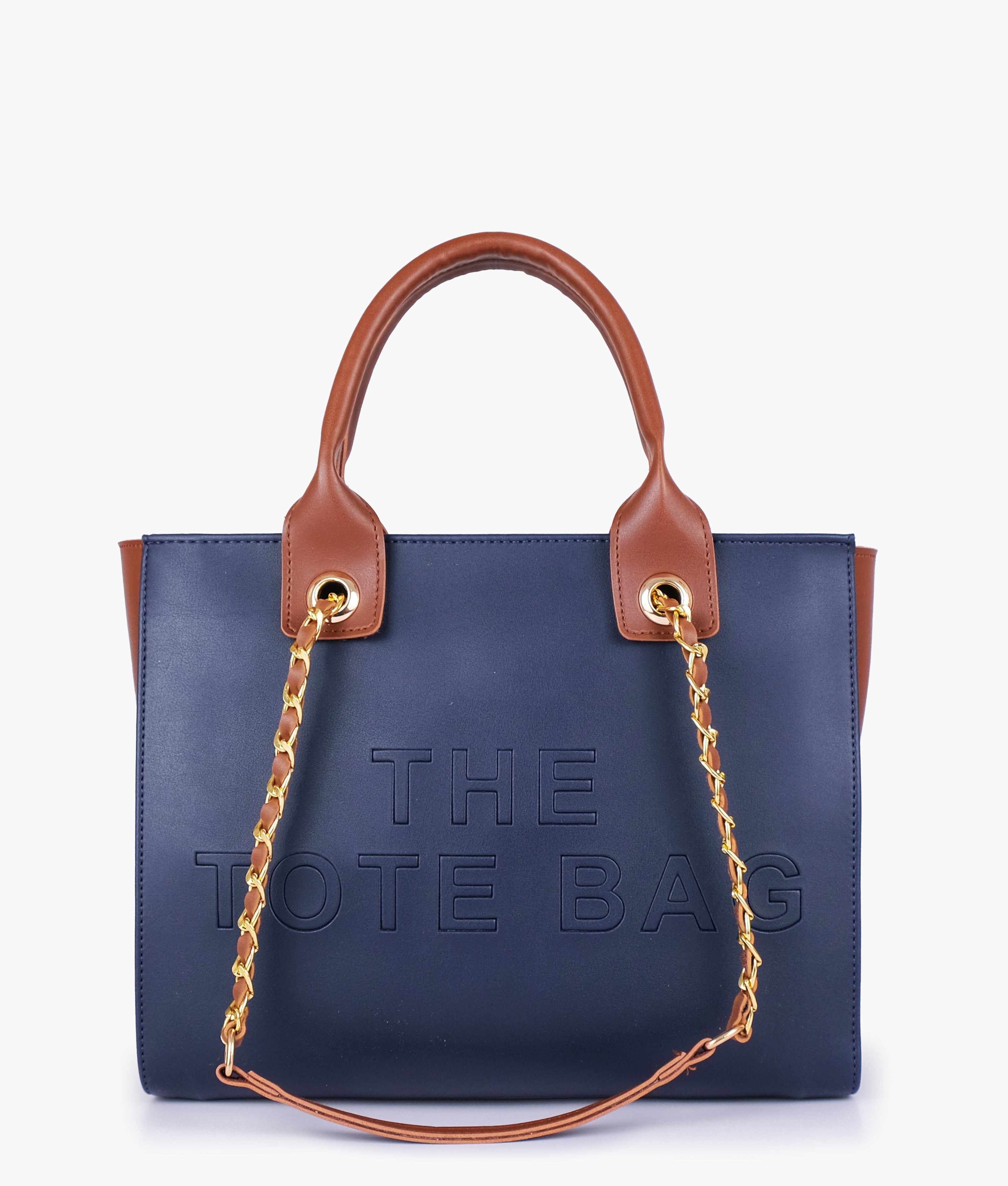 Blue chain handle tote