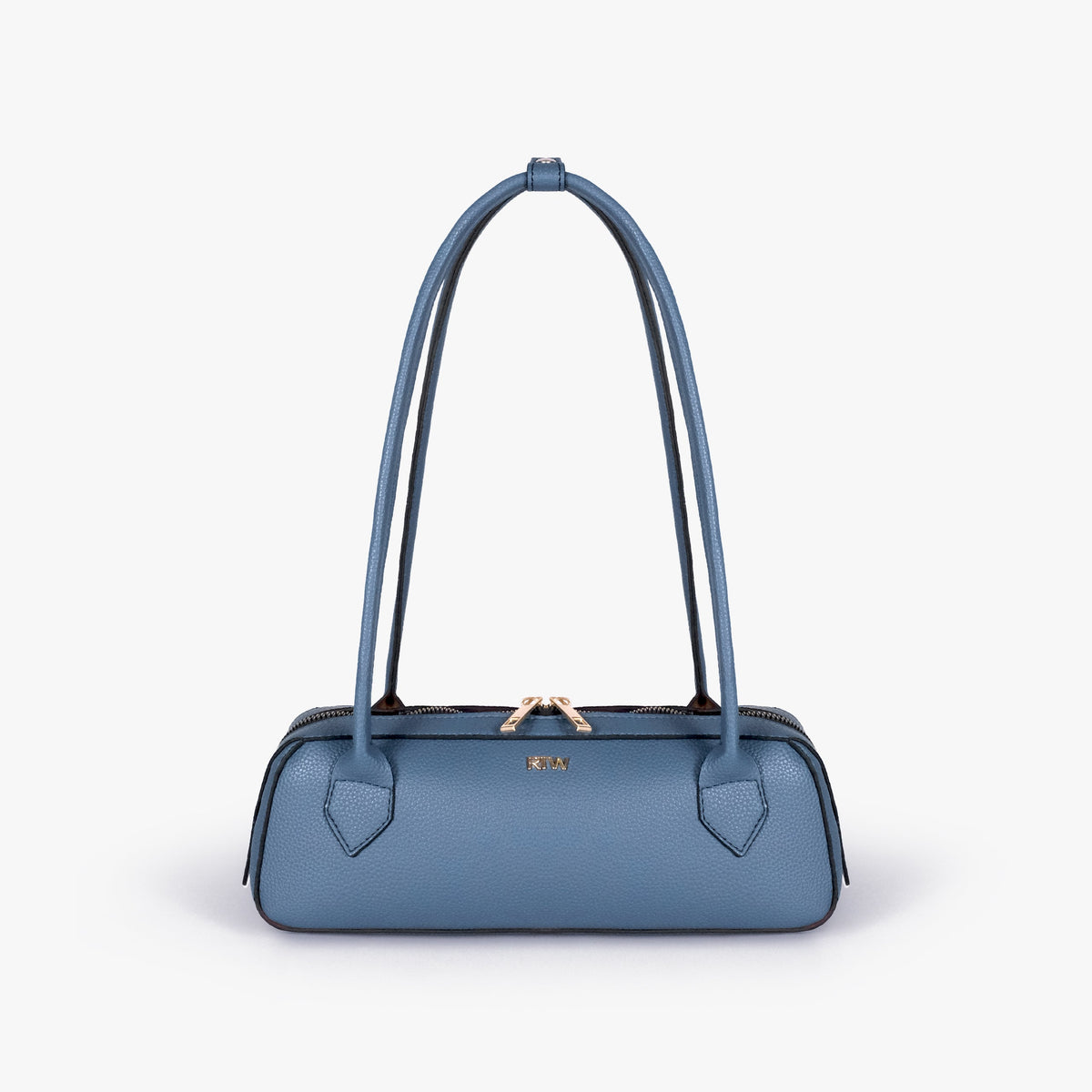 Front view of blue east-west baguette bag