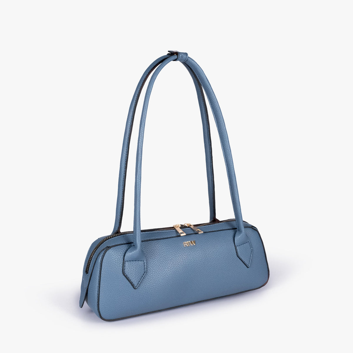 Blue east-west baguette bag in three-quarter view
