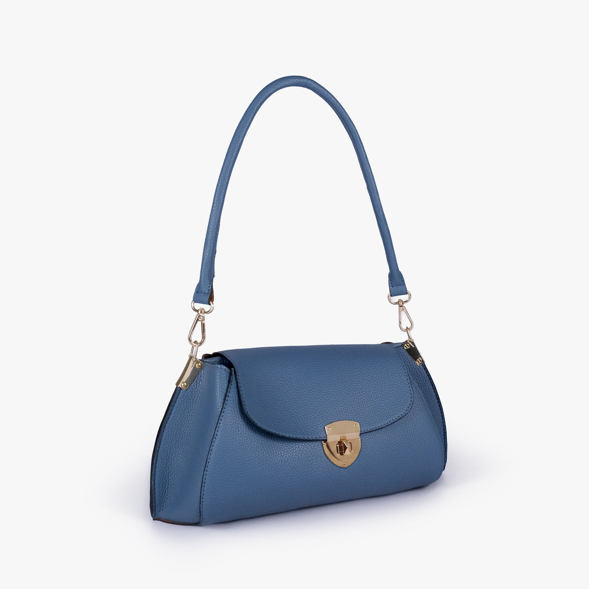 Blue pebble baguette bag in three-quarter view
