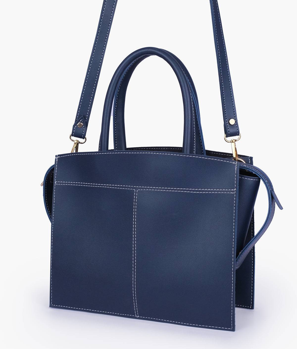 Blue trapeze top-handle bag