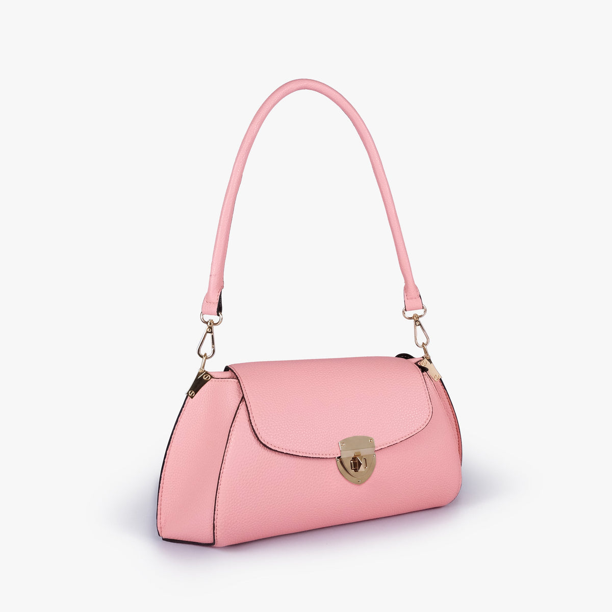 Blush pink pebble baguette bag in three-quarter view