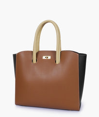 Brown and black tote bag with multiple compartments