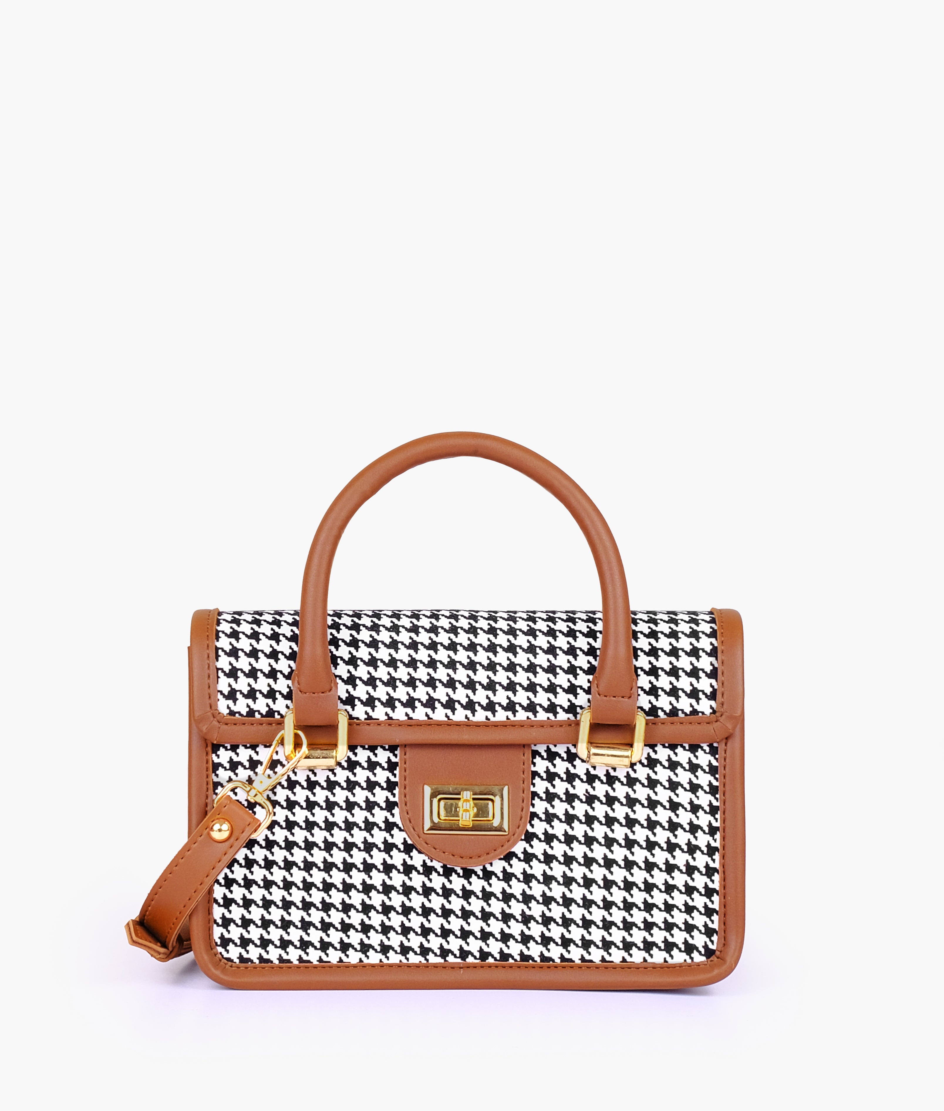 Brown and white houndstooth cross-body with flap