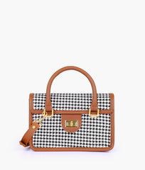 Brown and white houndstooth cross-body with flap