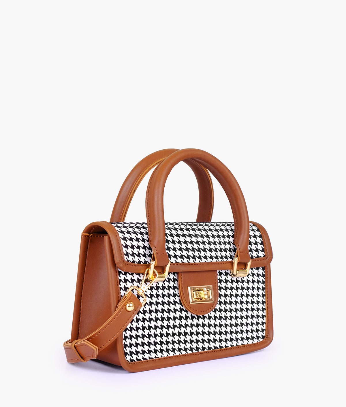 Brown and white houndstooth cross-body with flap