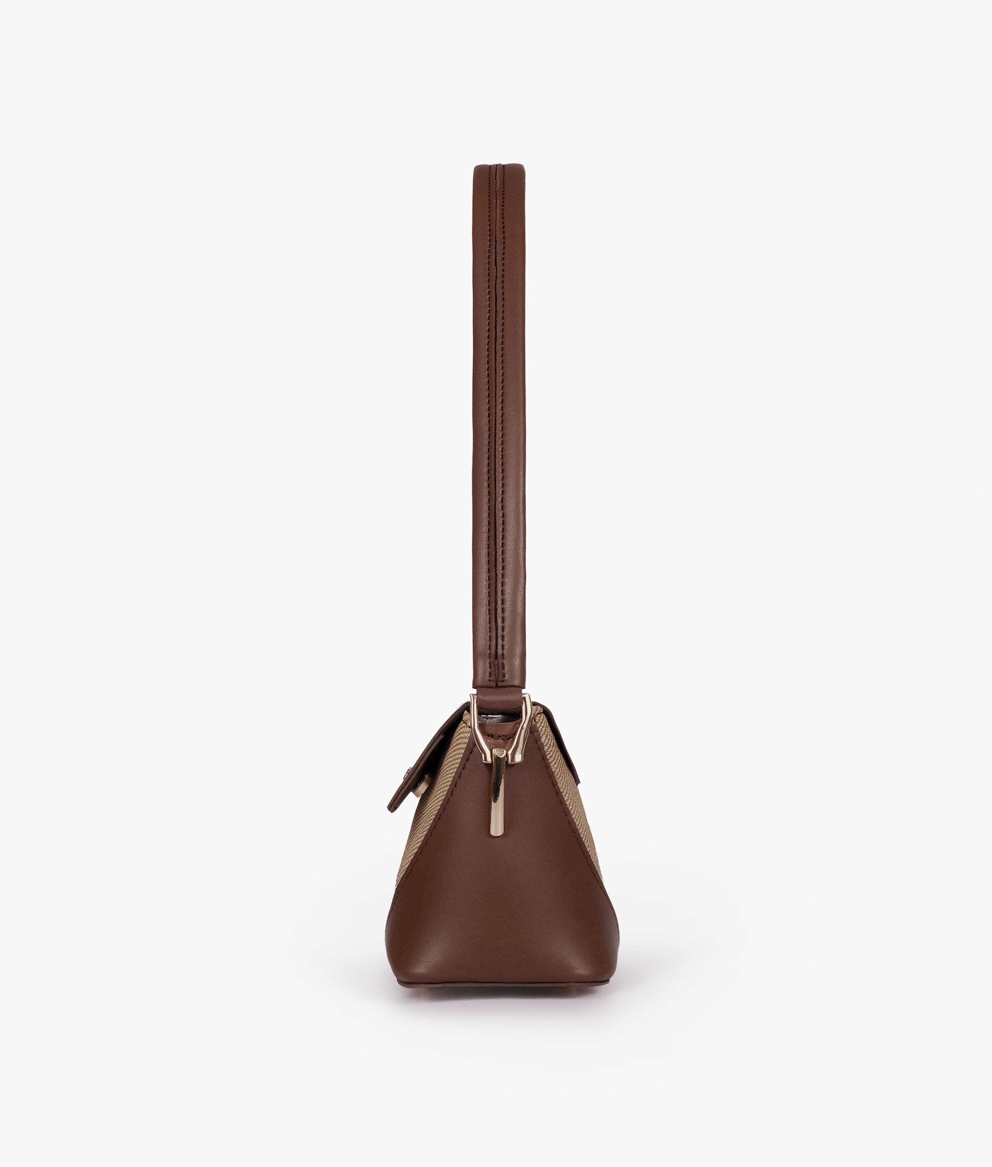 Side profile of Brown baguette shoulder bag