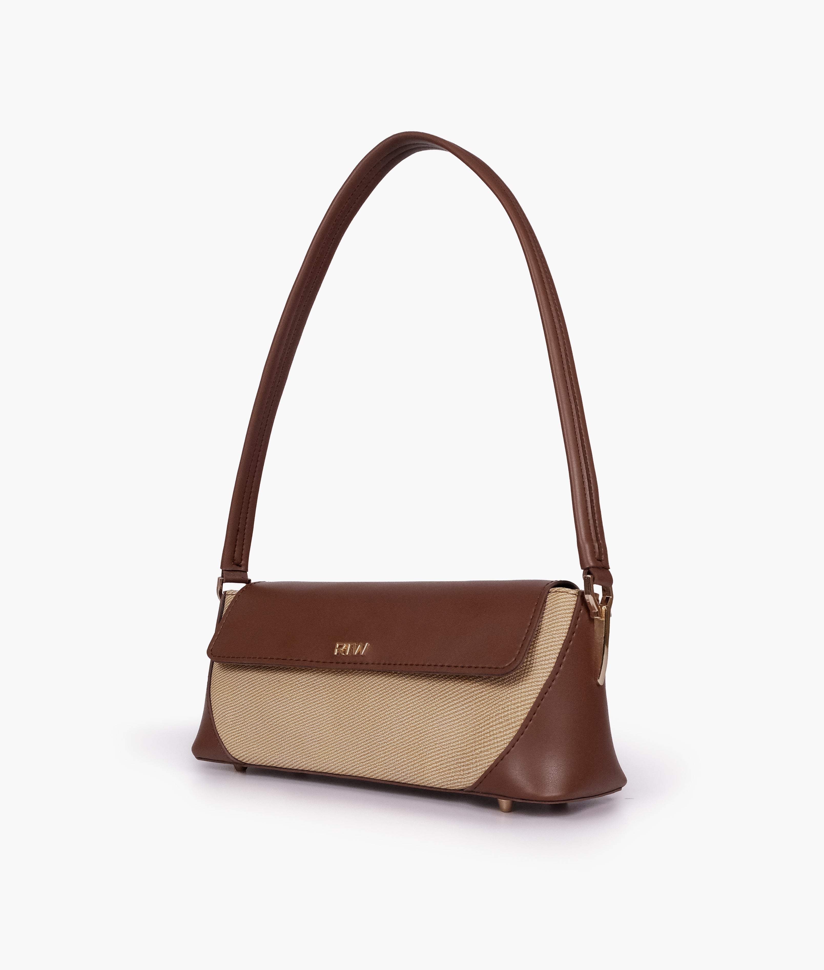 Brown baguette shoulder bag in three-quarter view
