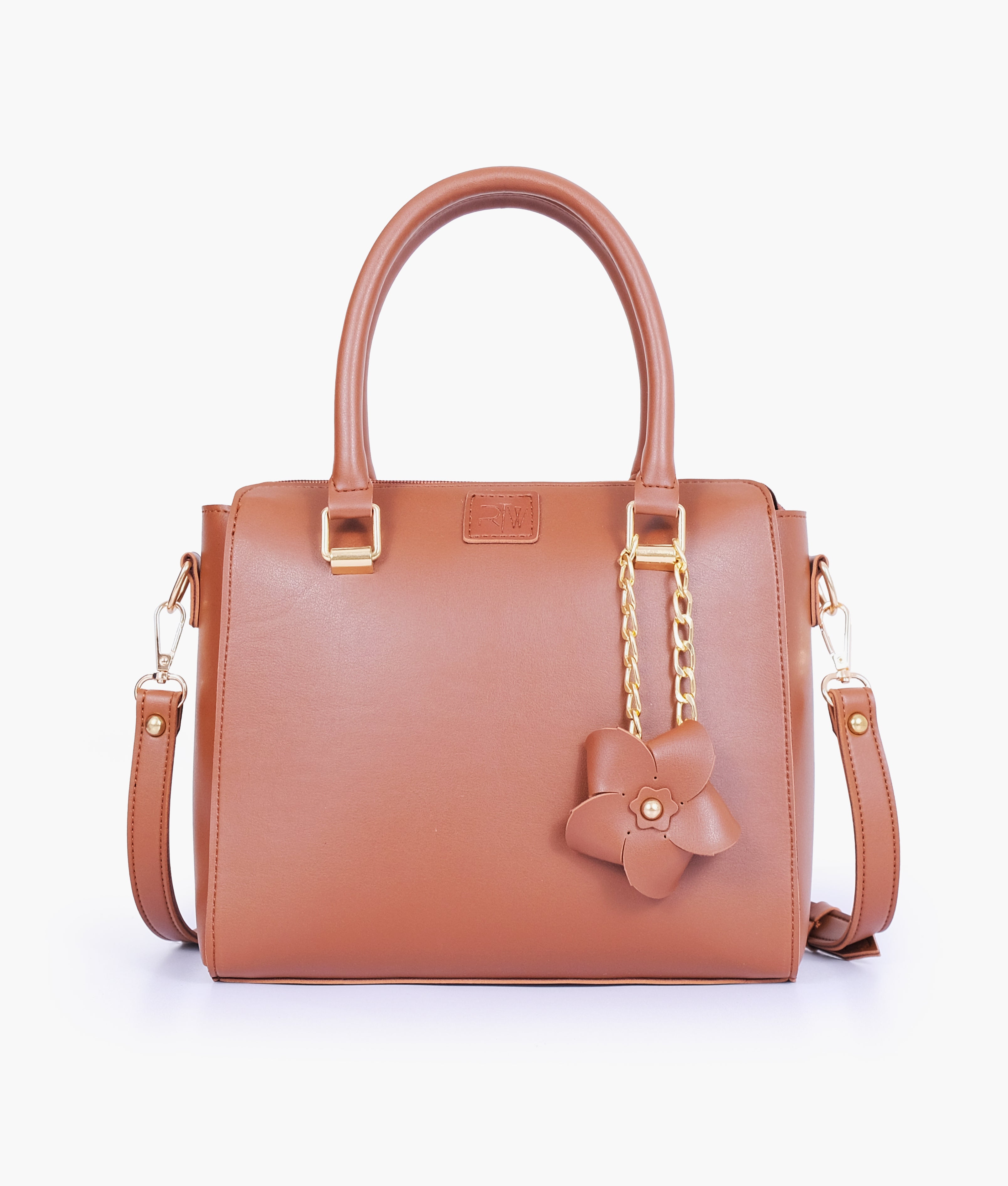 Brown handbag with flower charm