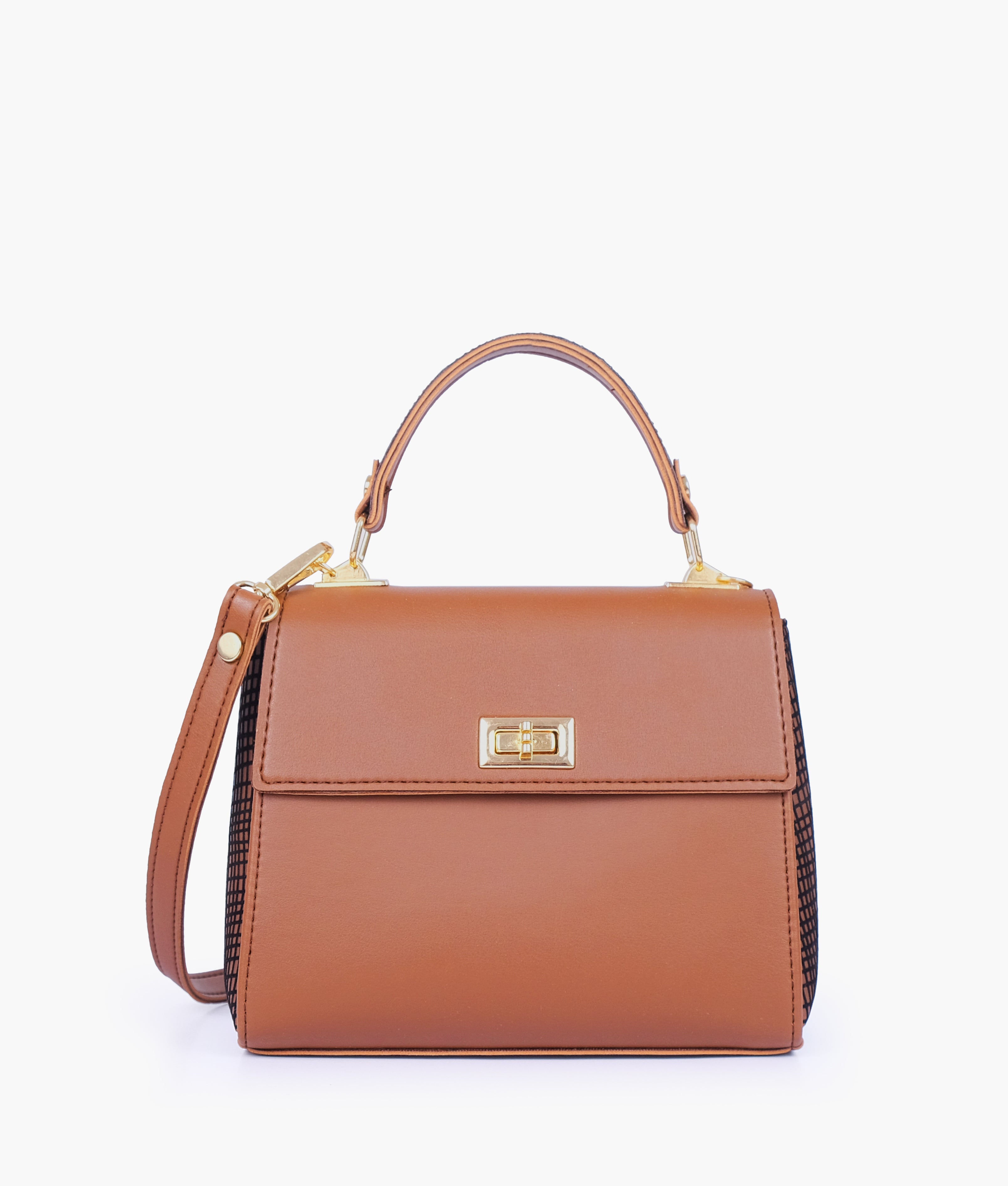 Brown criss-cross top-handle bag