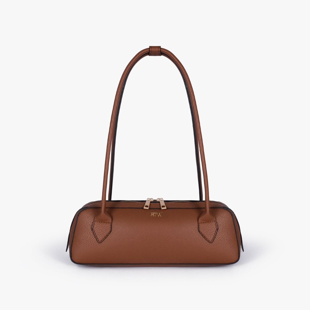 Front view of brown east-west baguette bag