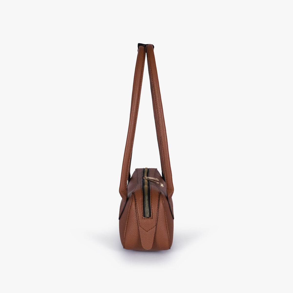 Side profile of brown east-west baguette bag