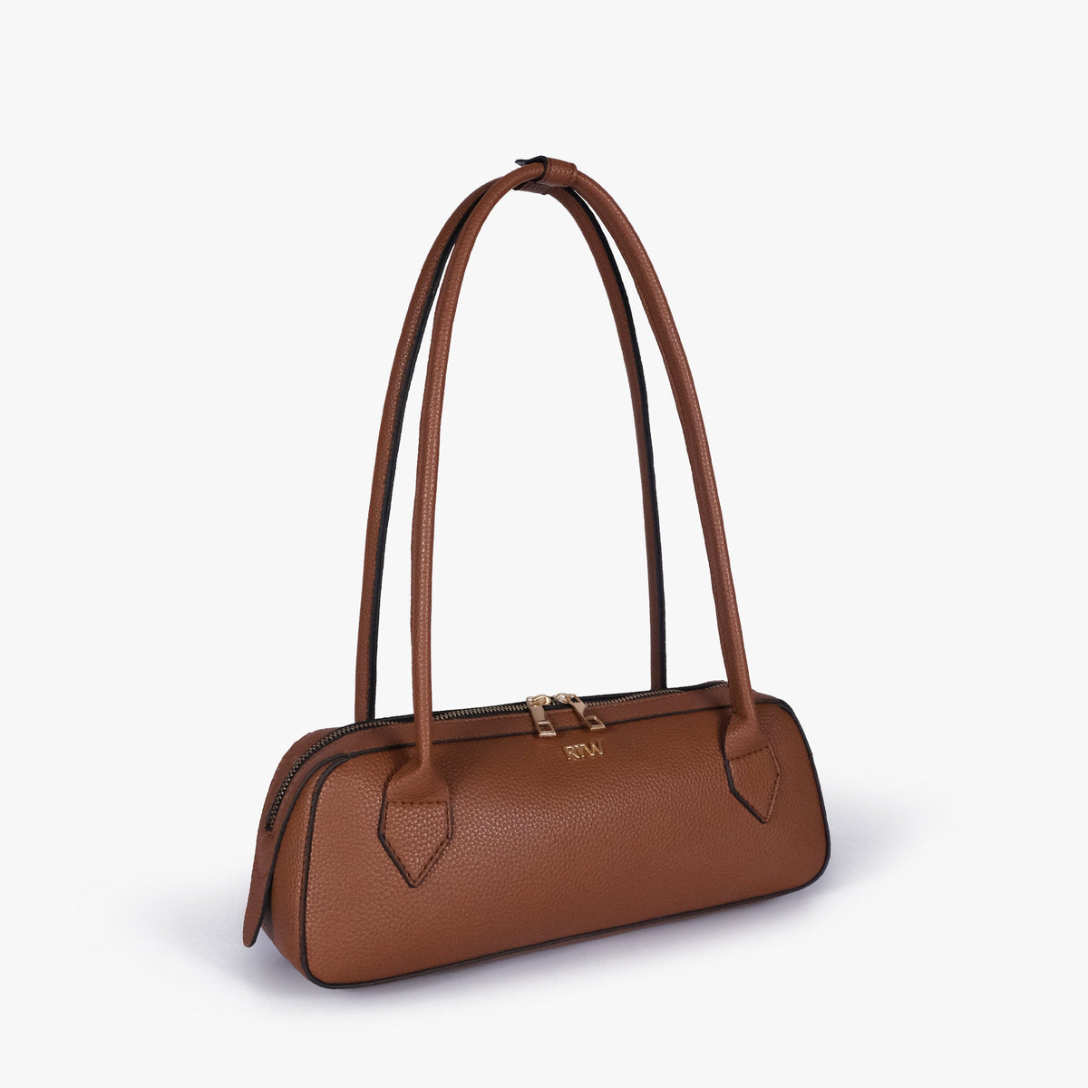Brown east-west baguette bag in three-quarter view
