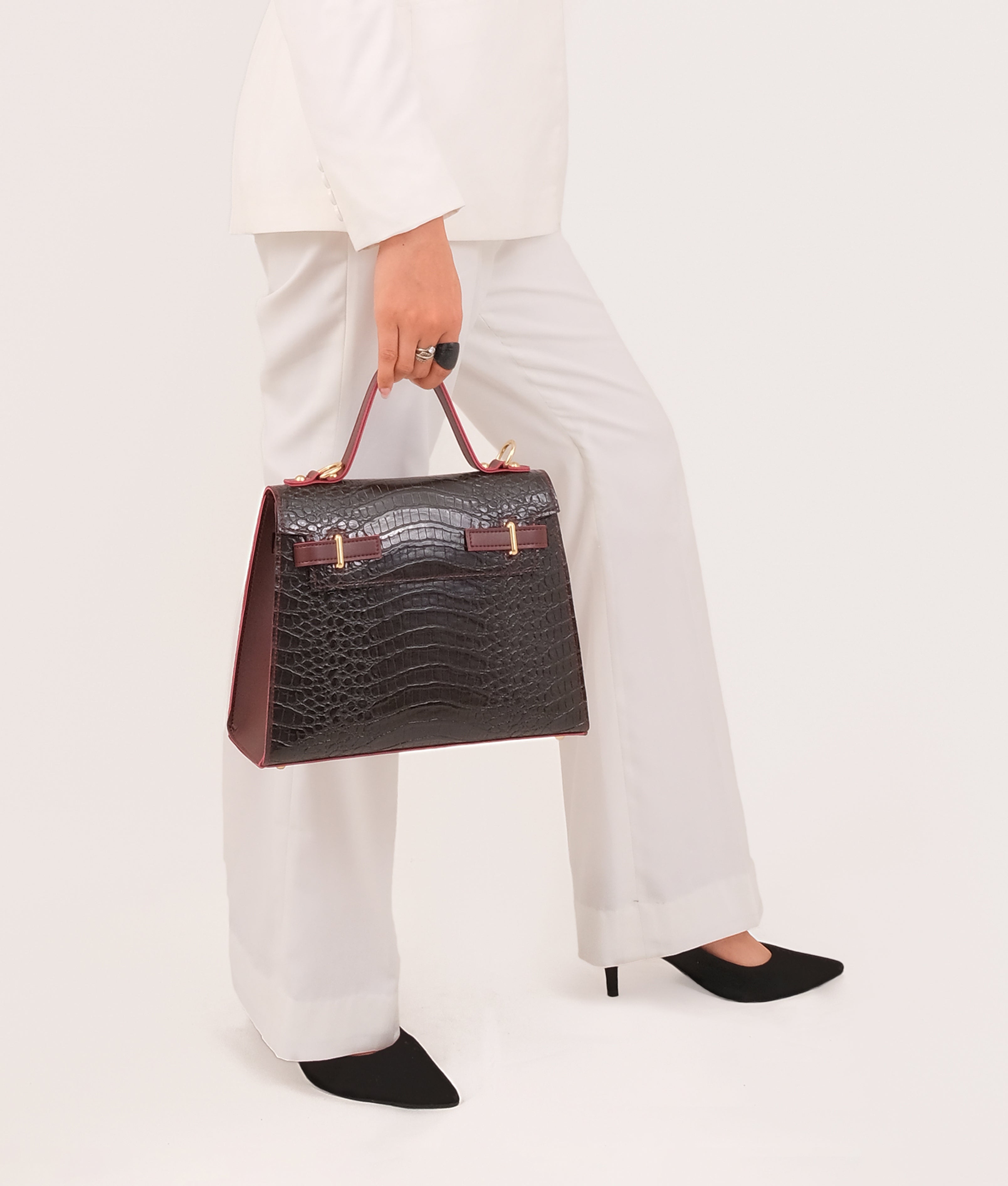 Burgundy and black crocodile cross-body bag with top-handle