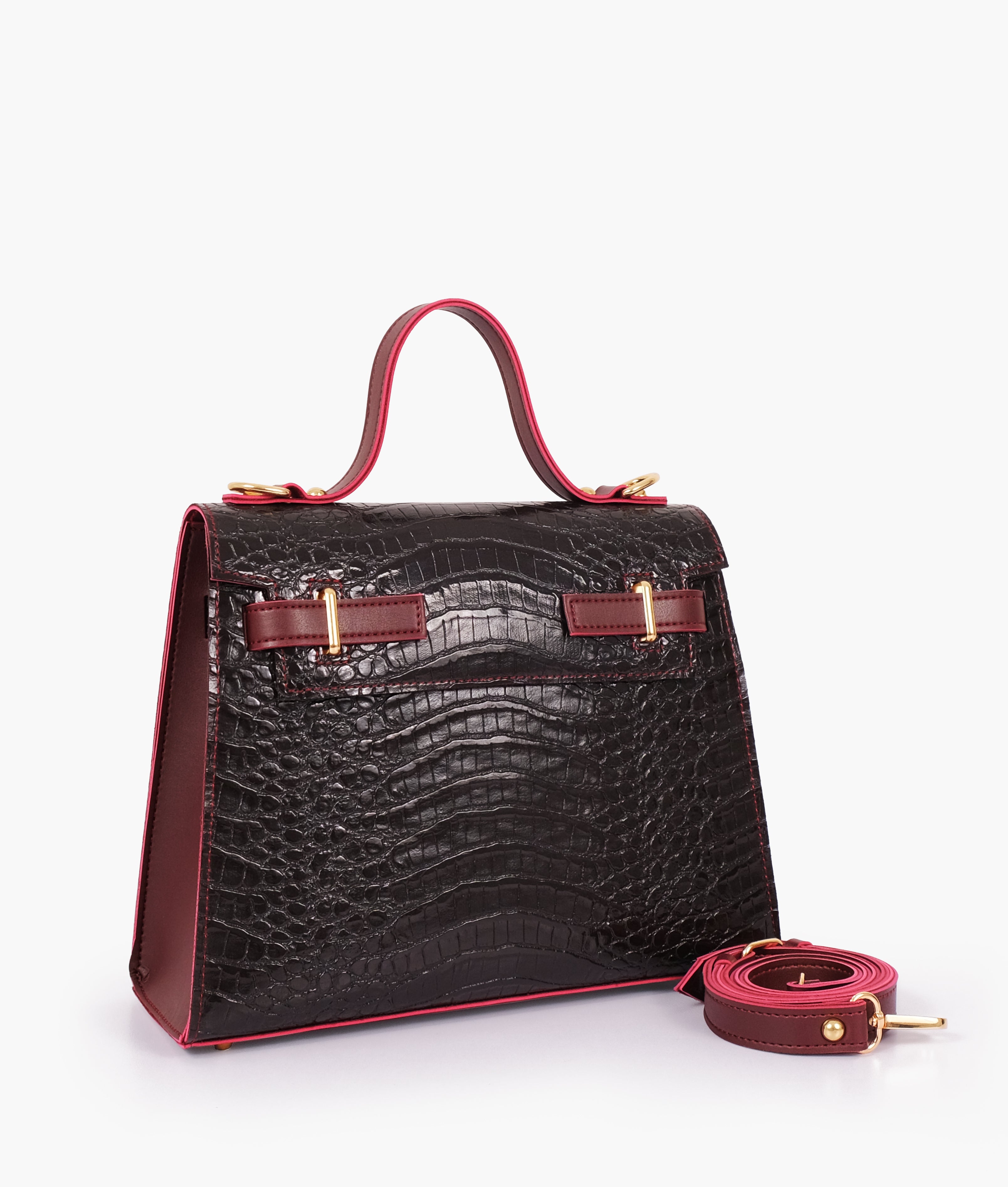 Burgundy and black crocodile cross-body bag with top-handle