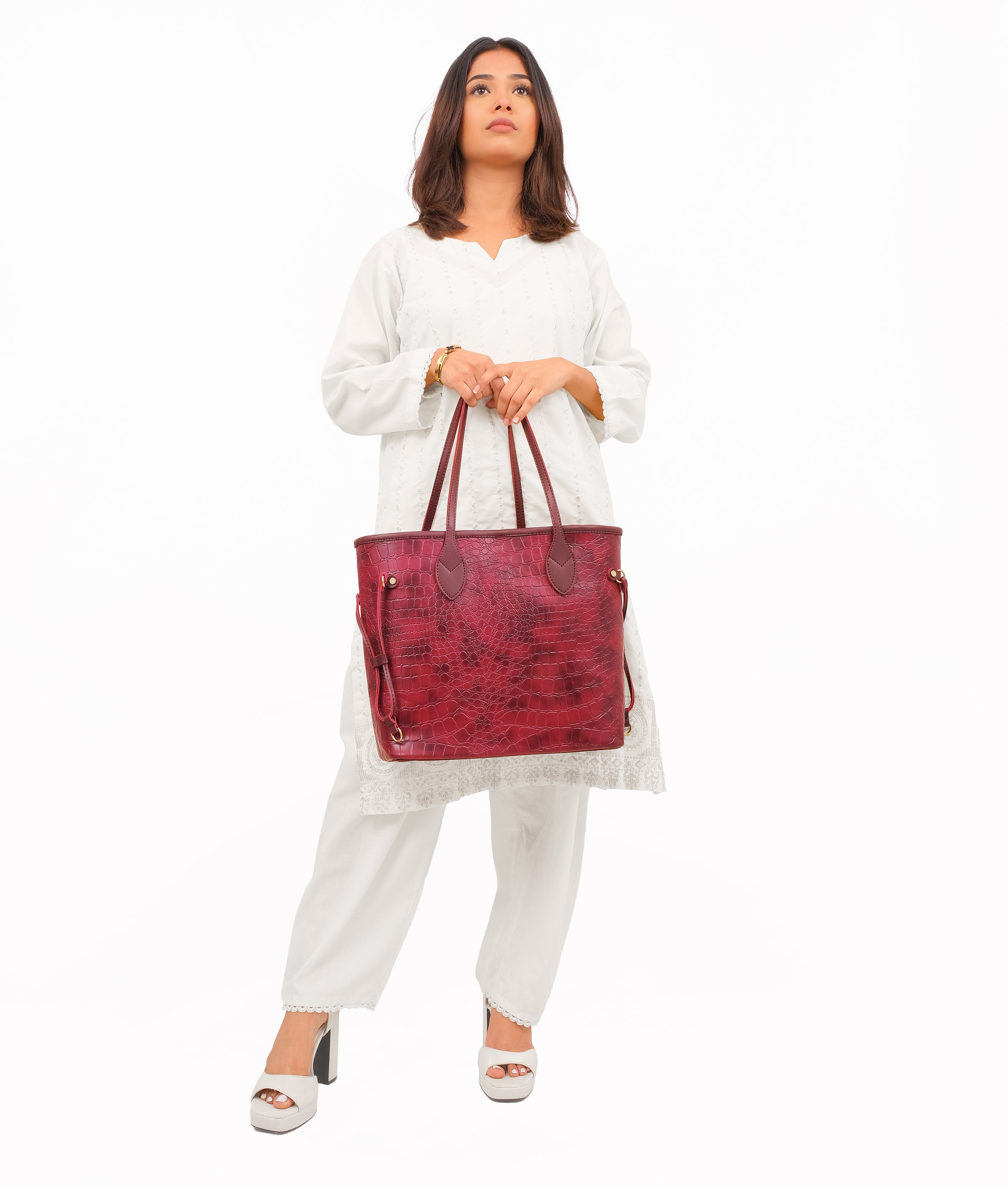 Burgundy crocodile neverfull tote bag