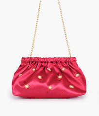 Burgundy snap closure clutch with chain handle