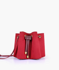 Burgundy suede star drawstring bucket bag