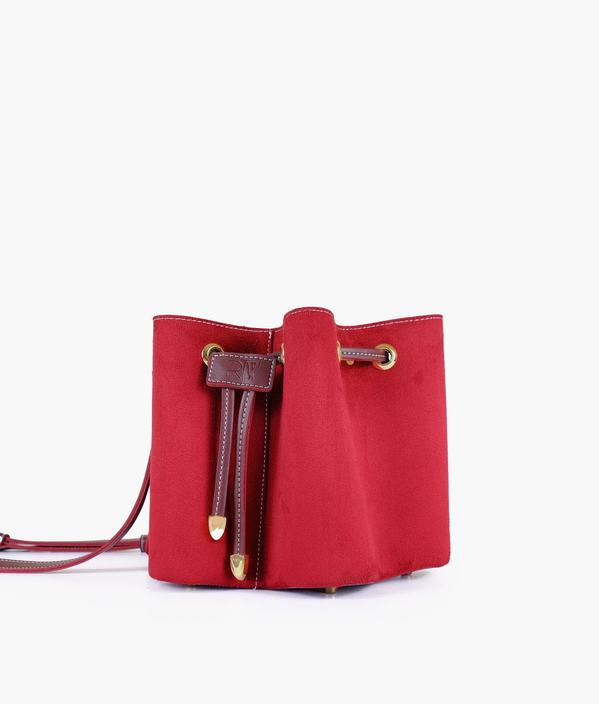 Burgundy suede star drawstring bucket bag