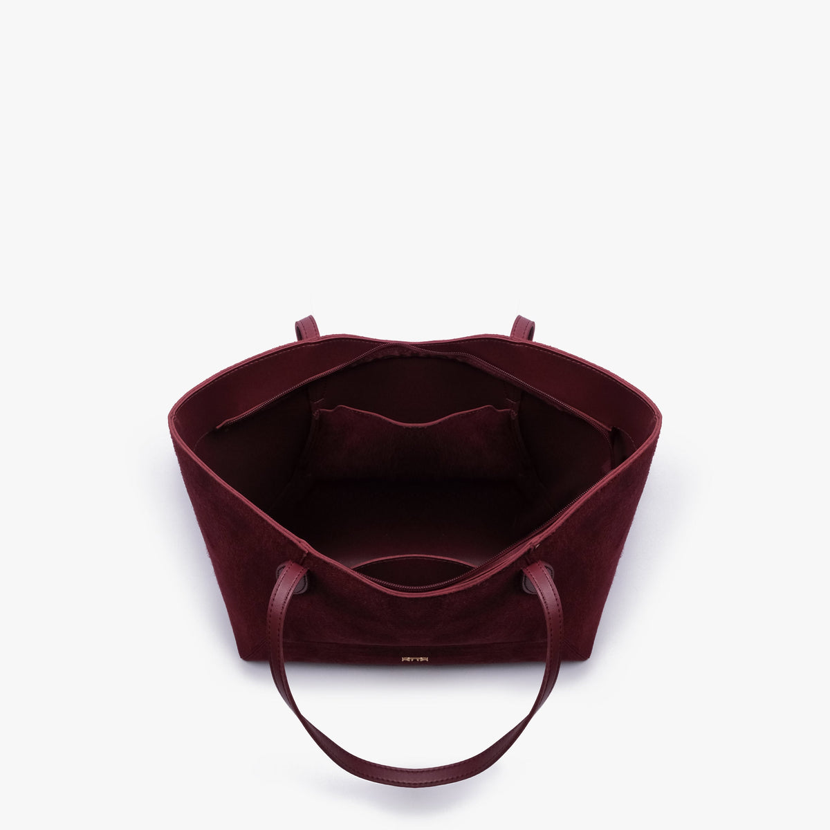 Interior view of Burgundy suede Arc tote bag