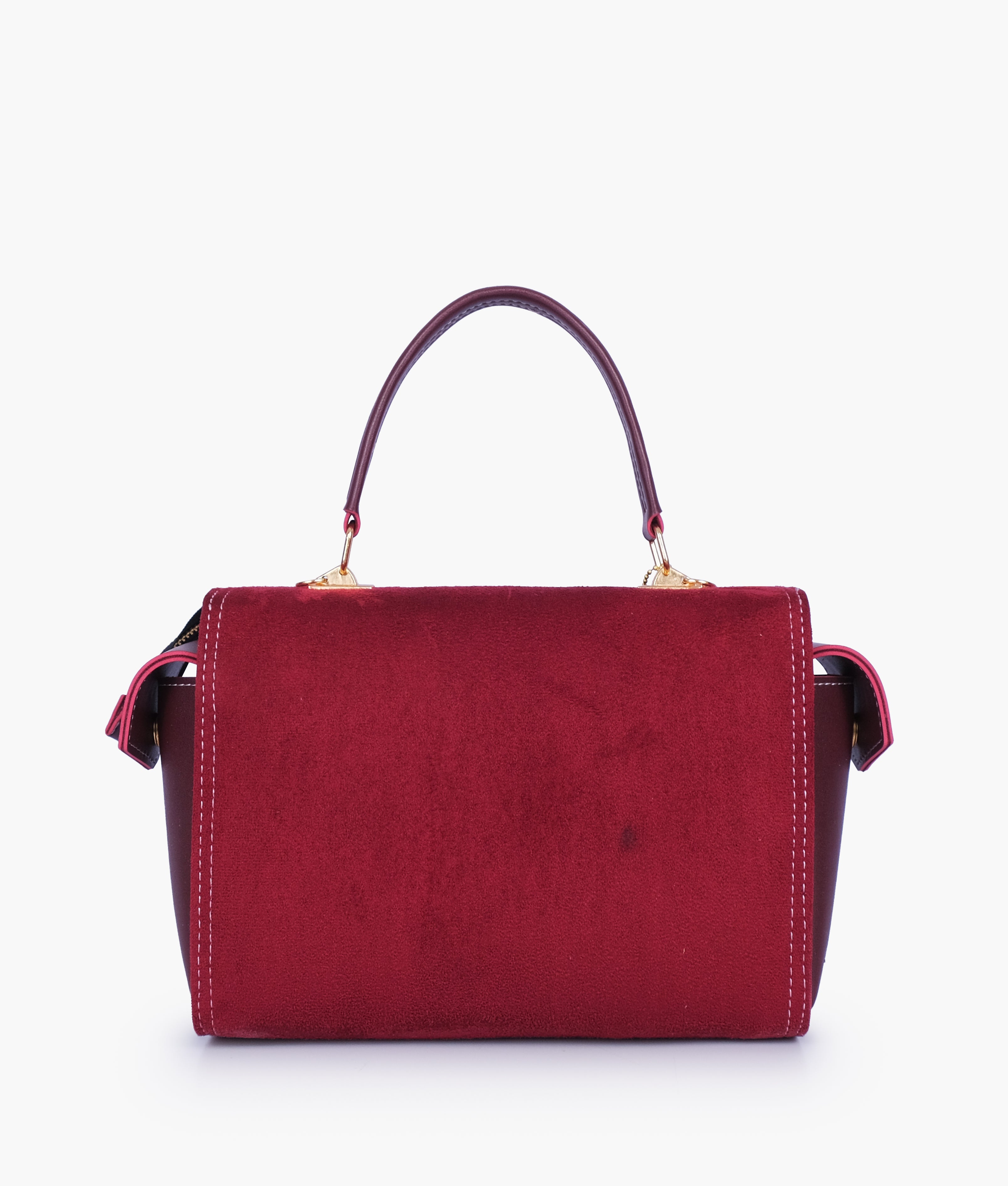 Burgundy suede bowling bag with top-handle