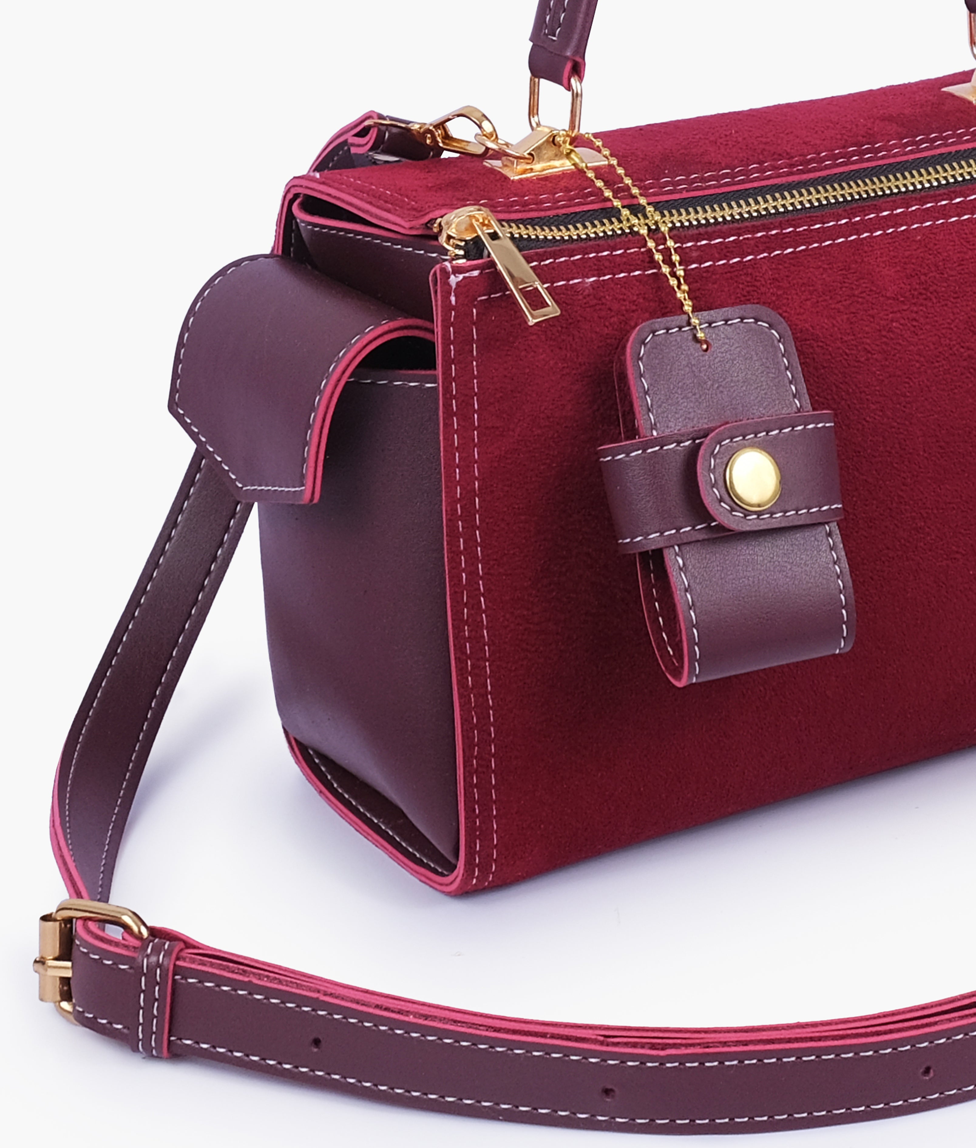 Burgundy suede bowling bag with top-handle