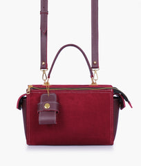 Burgundy suede bowling bag with top-handle