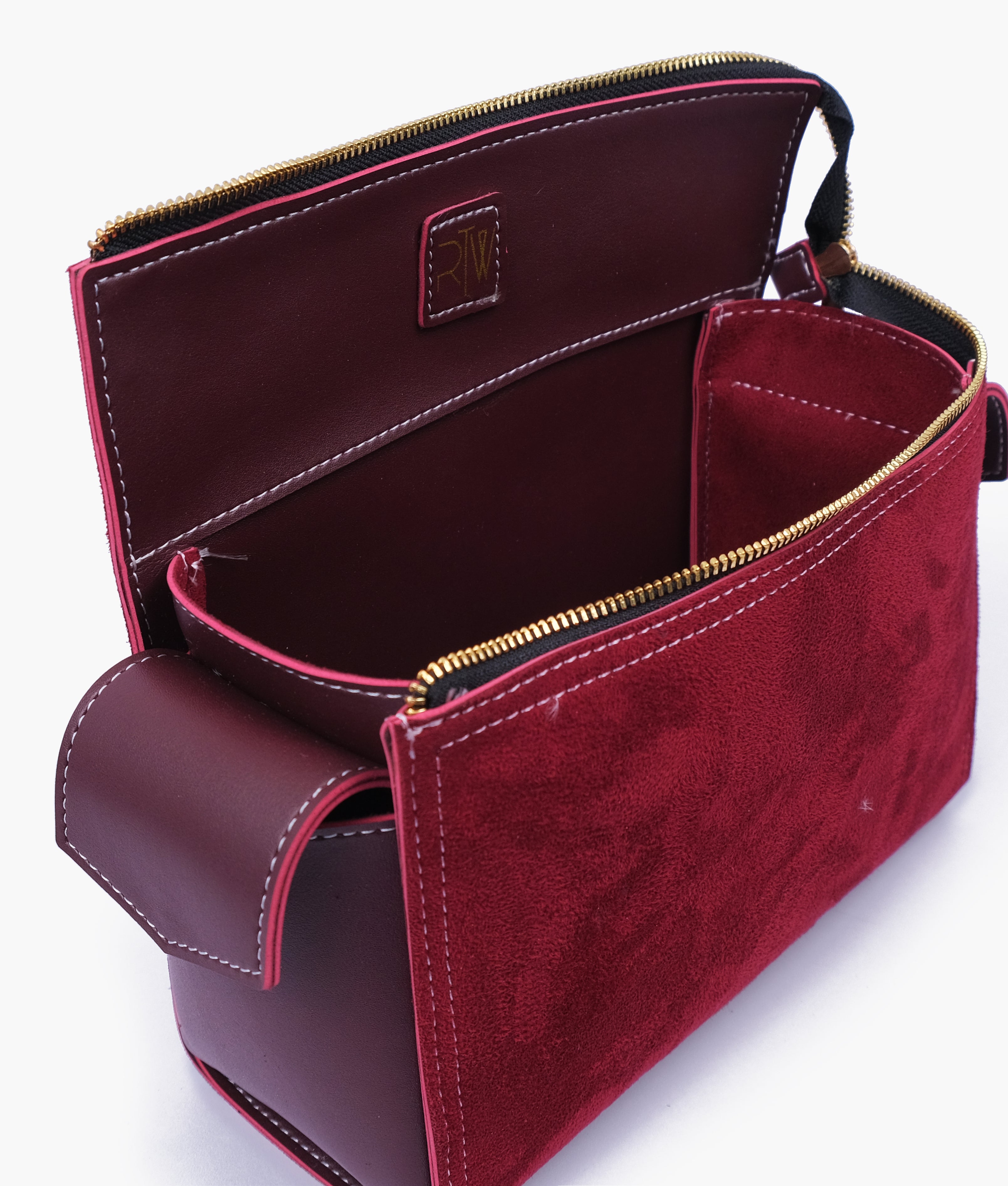 Burgundy suede bowling bag with top-handle