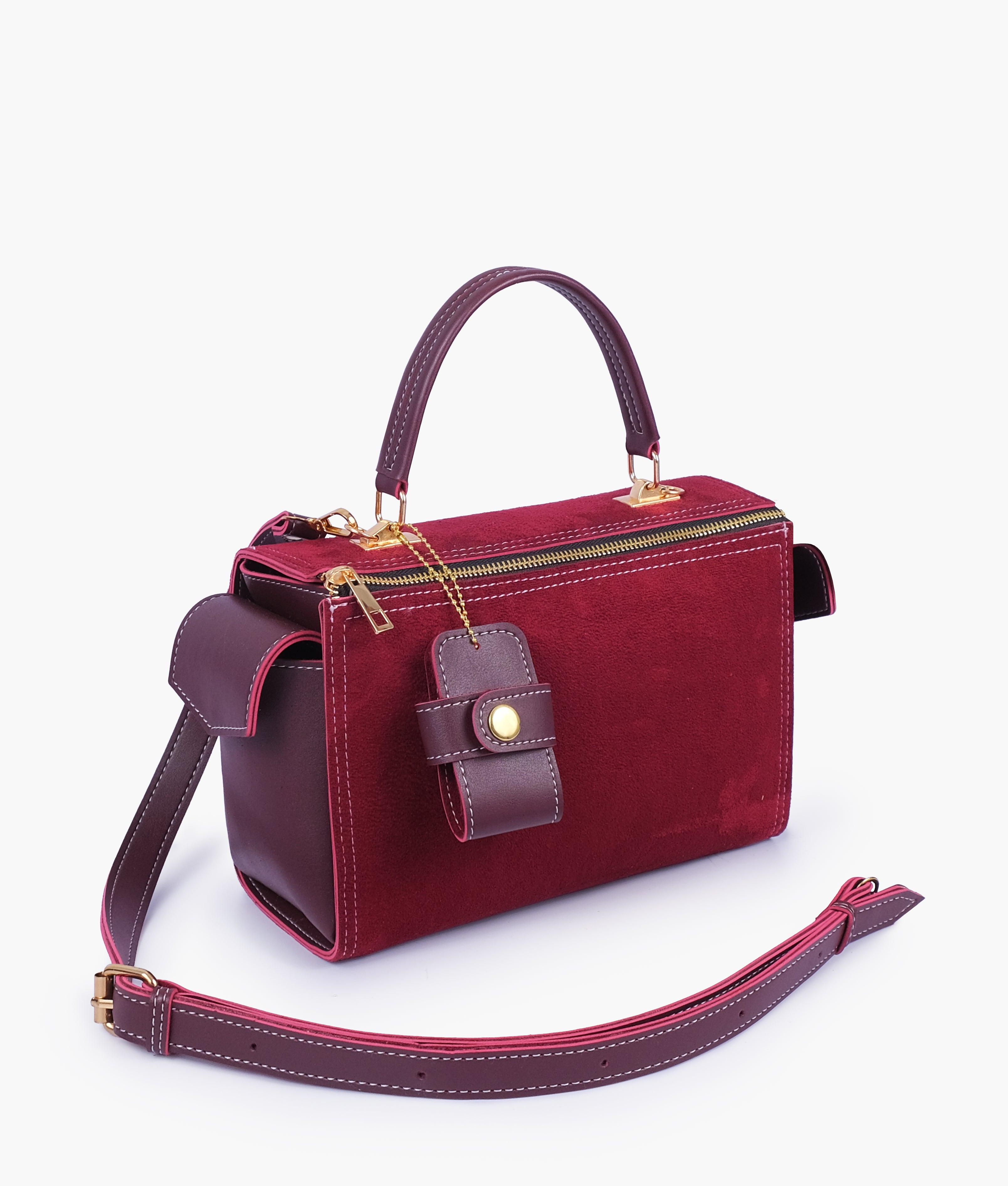 Burgundy suede bowling bag with top-handle