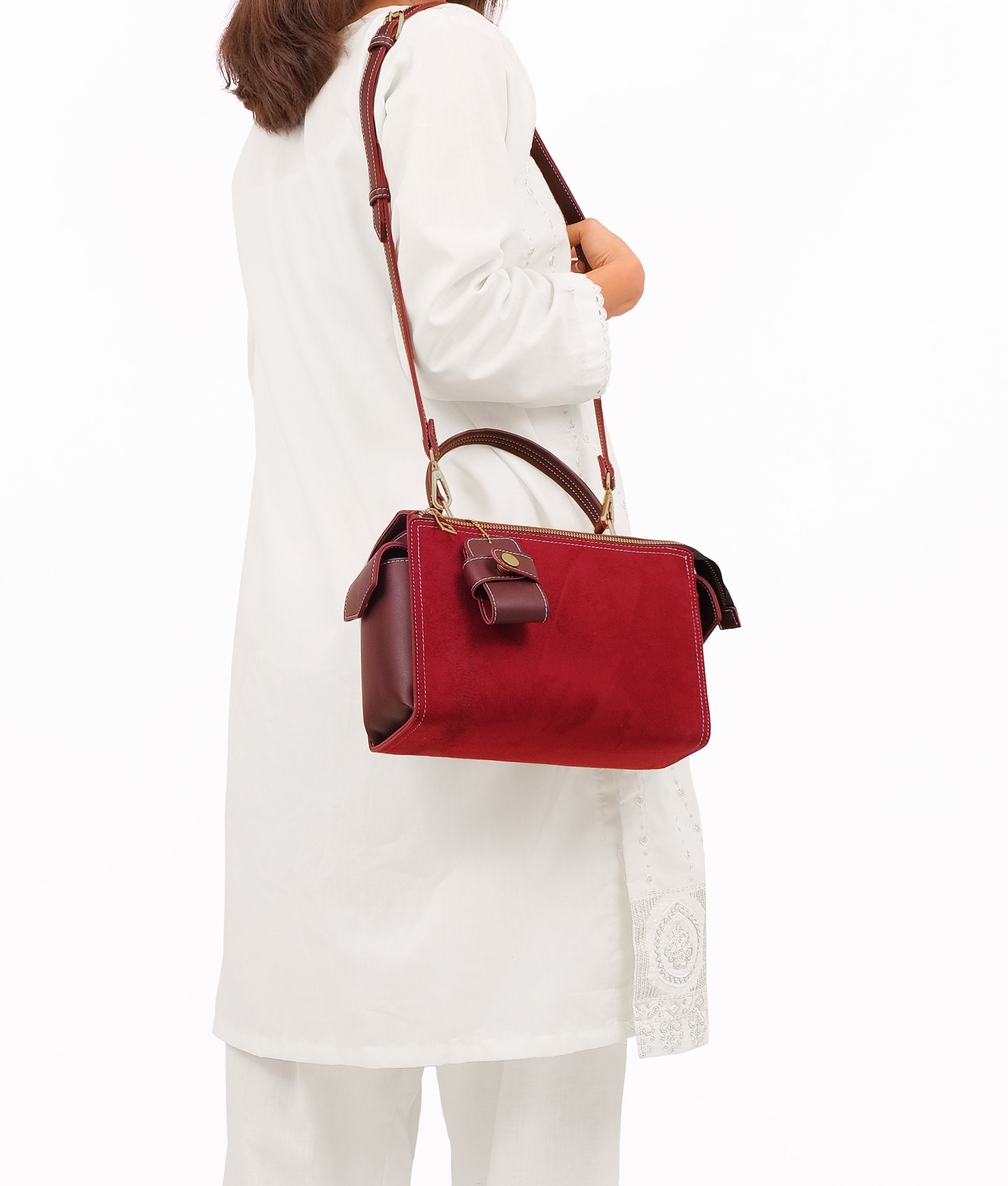 Burgundy suede bowling bag with top-handle