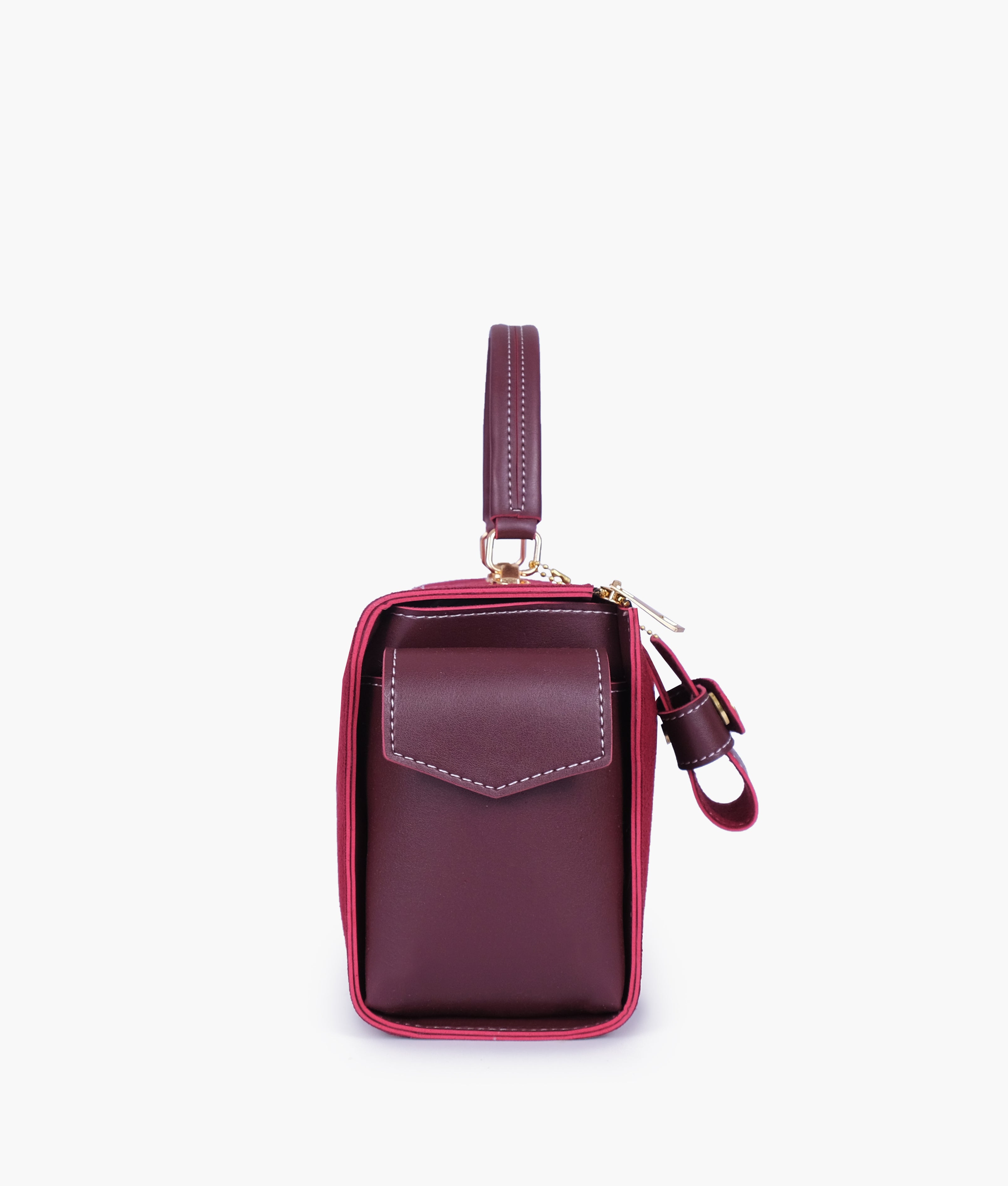 Burgundy suede bowling bag with top-handle