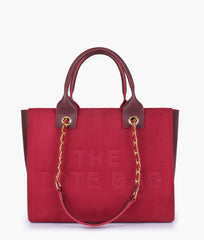 Burgundy suede chain handle tote