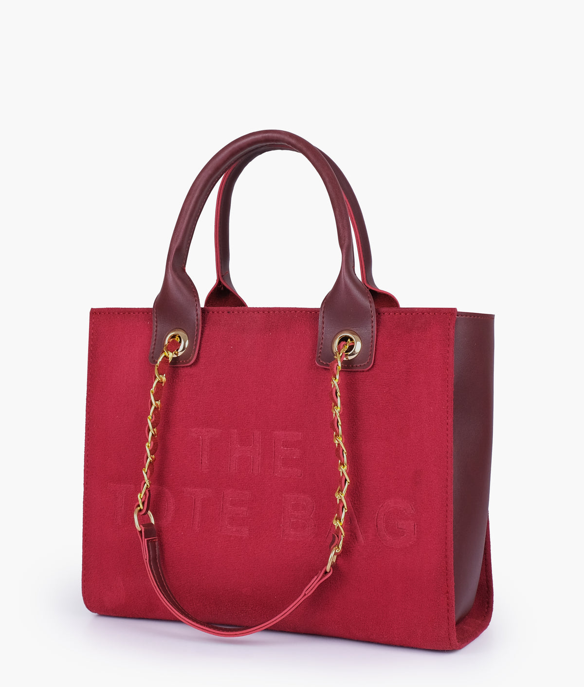 Burgundy suede chain handle tote