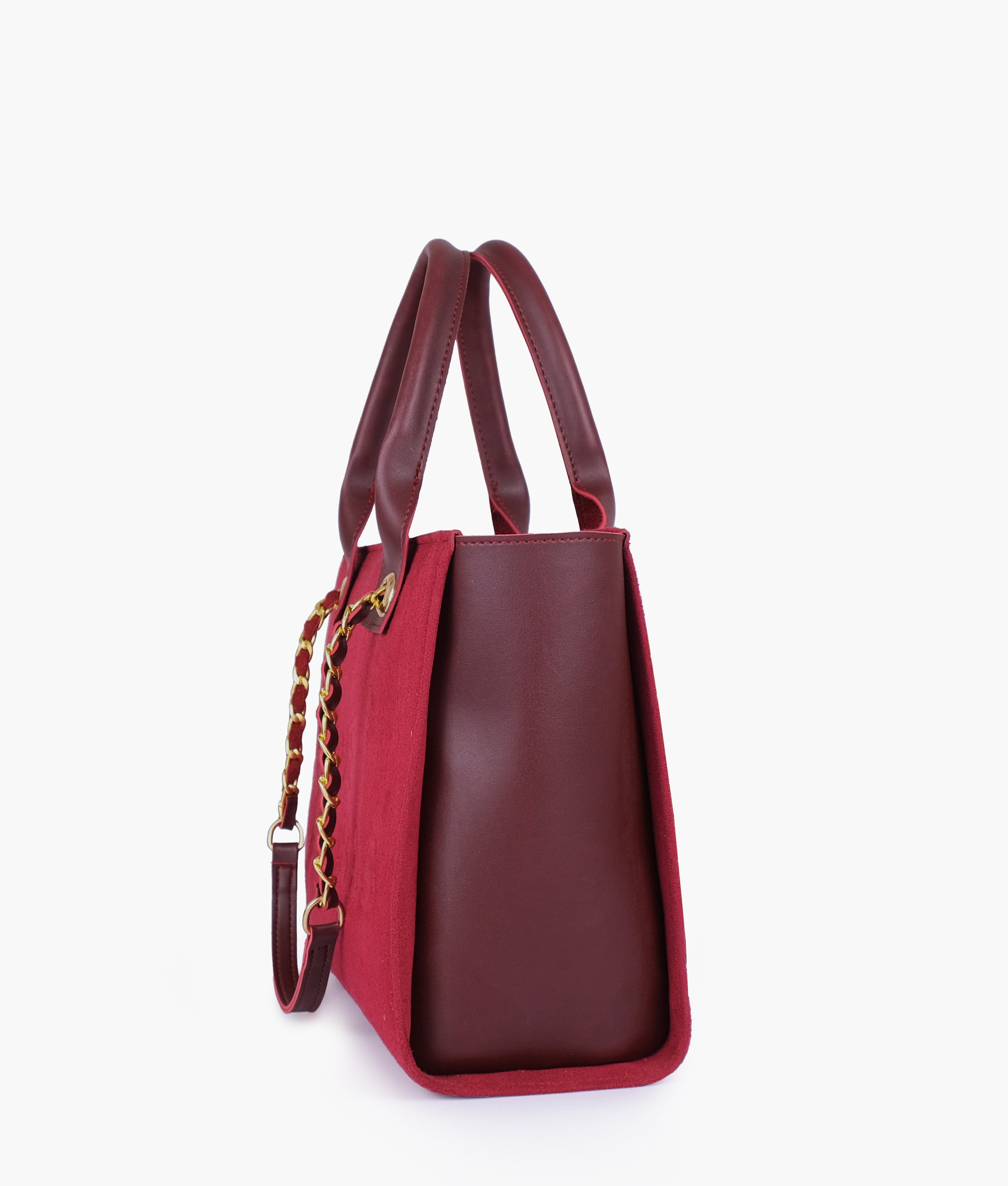 Burgundy suede chain handle tote