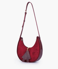 Burgundy suede crescent hobo bag