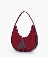 Burgundy suede crescent hobo bag