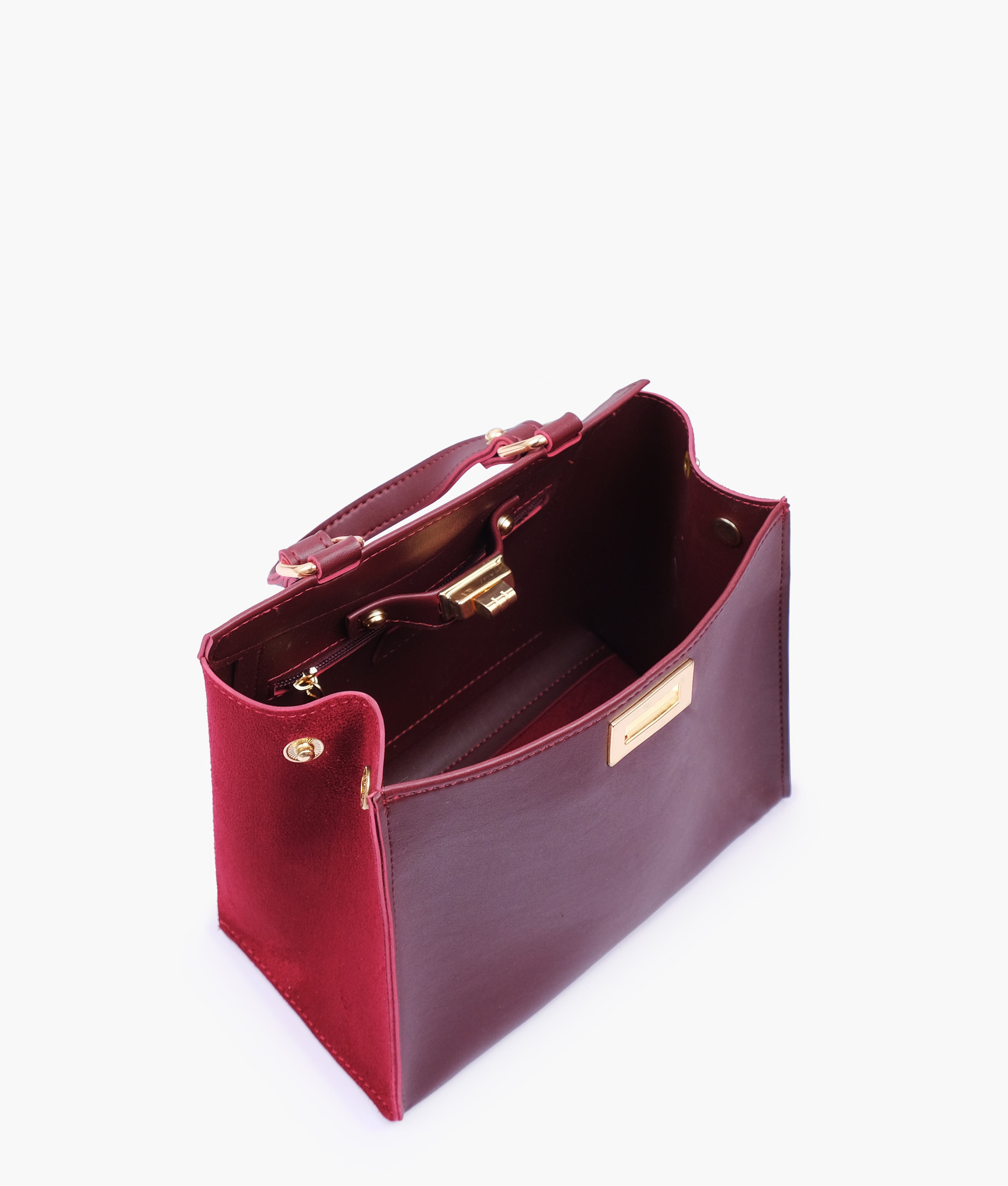 Burgundy suede front lock top-handle mini bag
