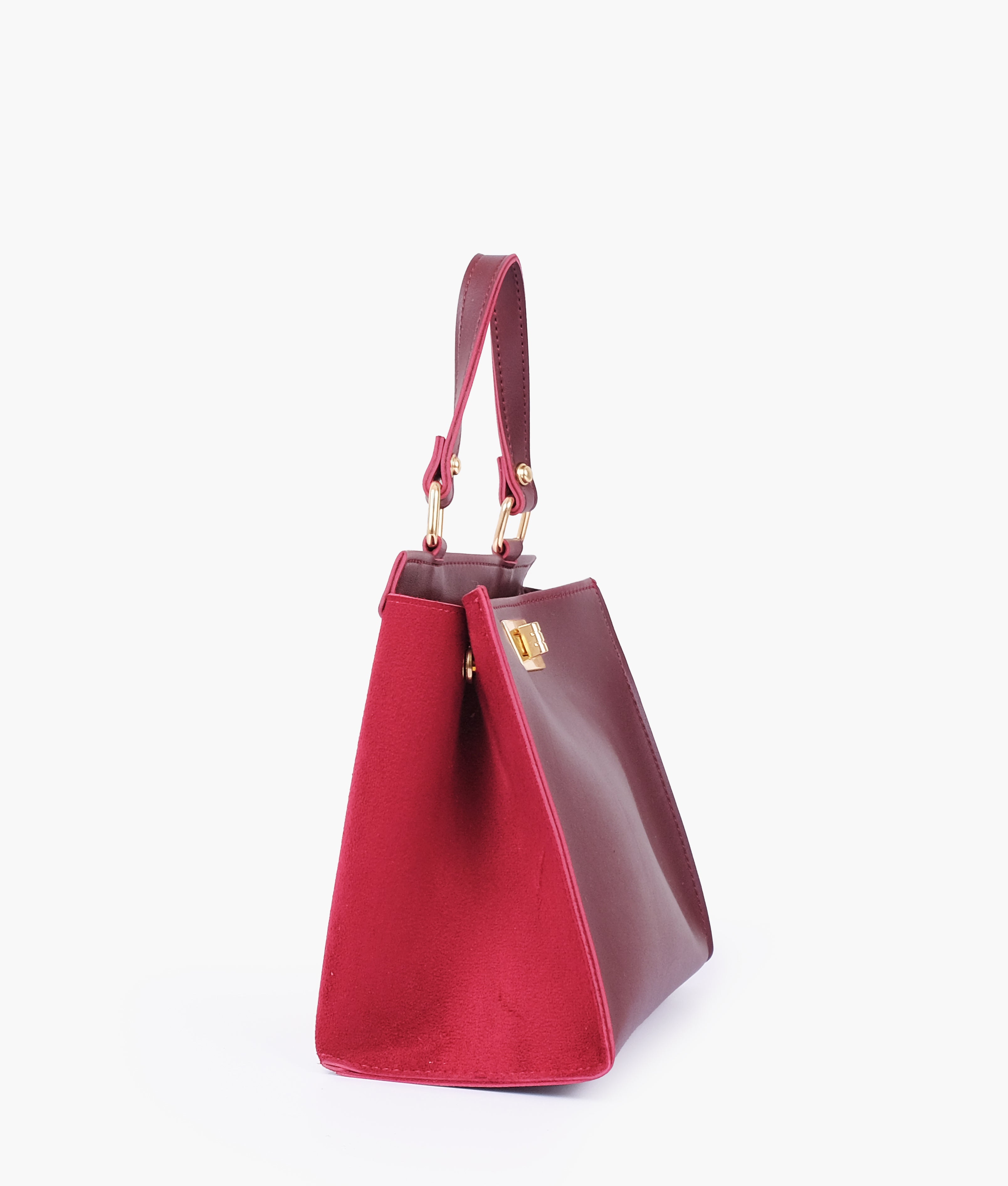 Burgundy suede front lock top-handle mini bag