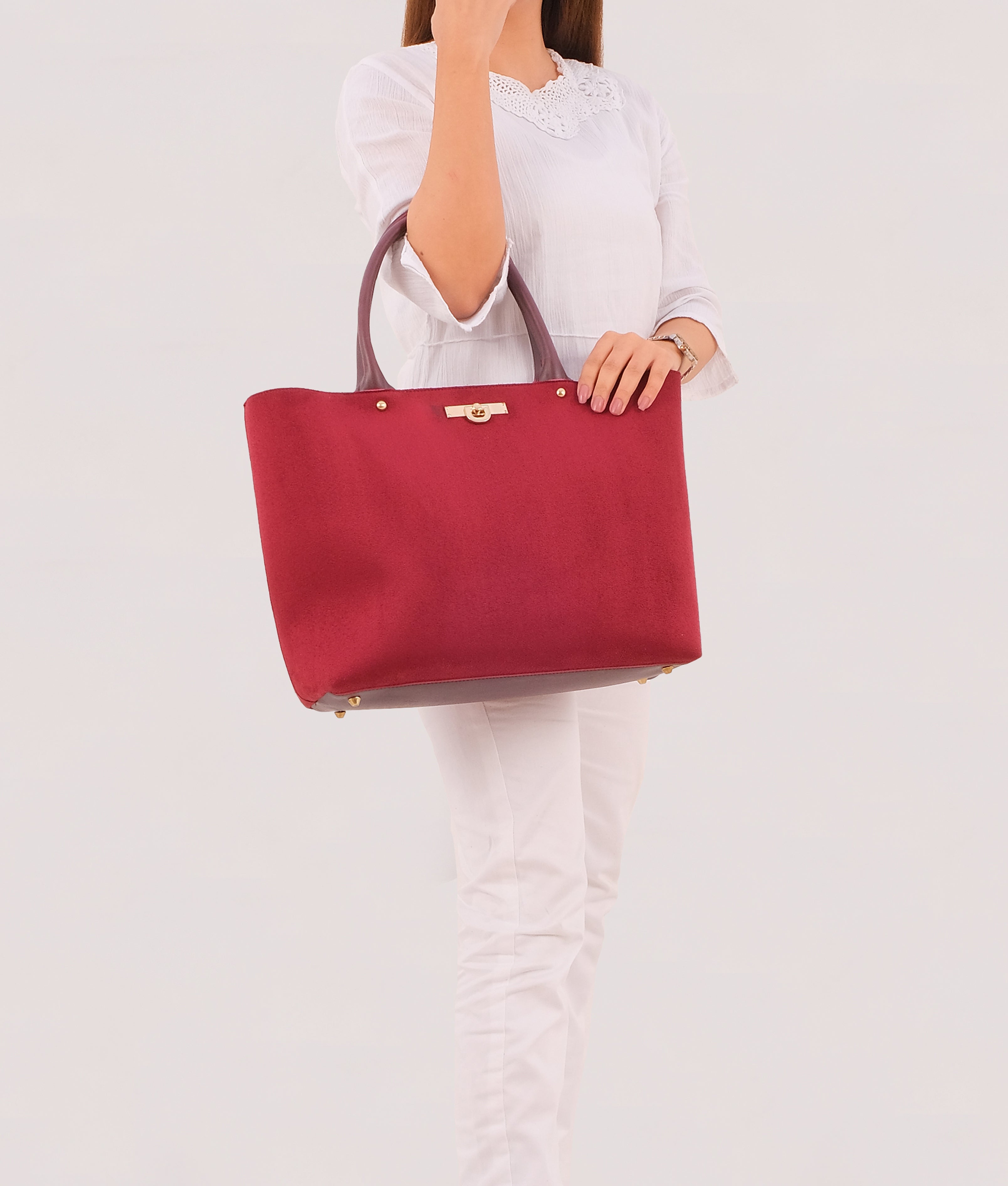 Burgundy suede zipper tote bag