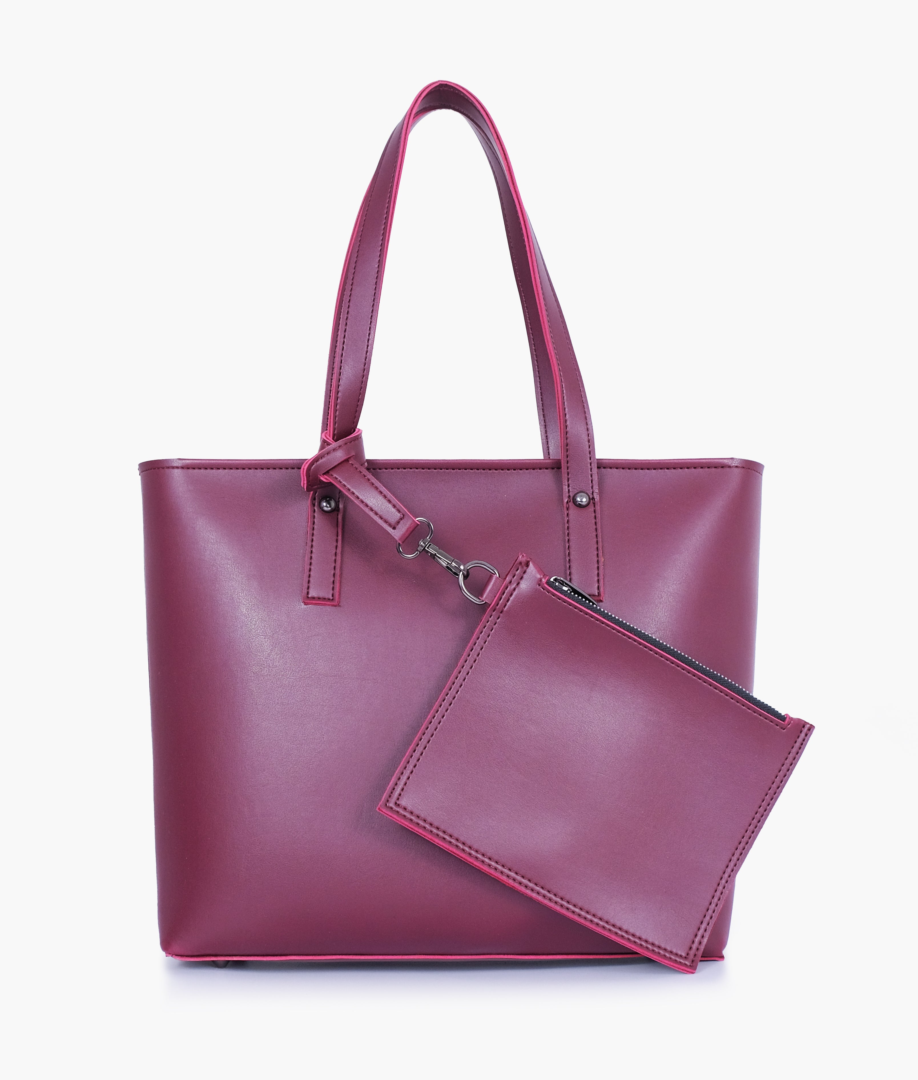 Burgundy tote bag with detachable pouch