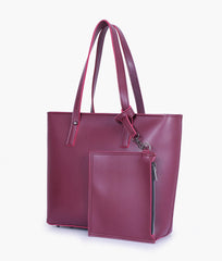 Burgundy tote bag with detachable pouch