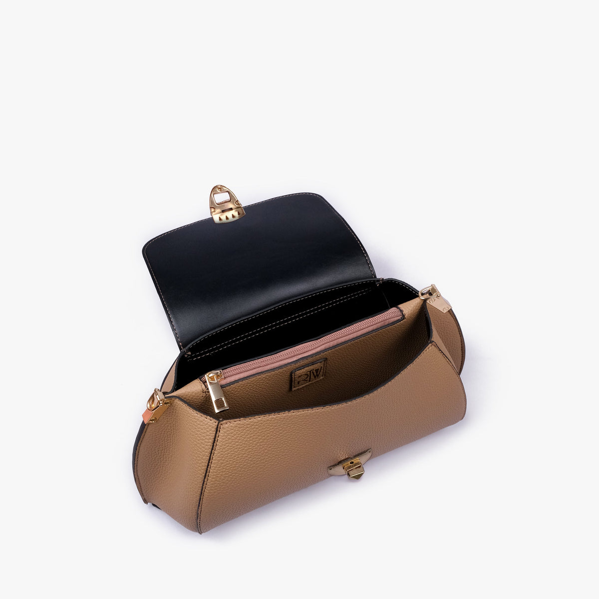 Interior of Coffee pebble baguette bag with the flap open showing the zippered main compartment
