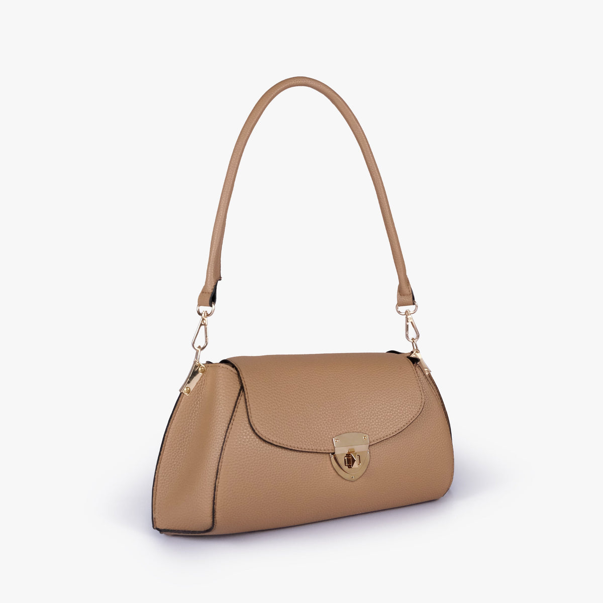 Coffee pebble baguette bag in three-quarter view
