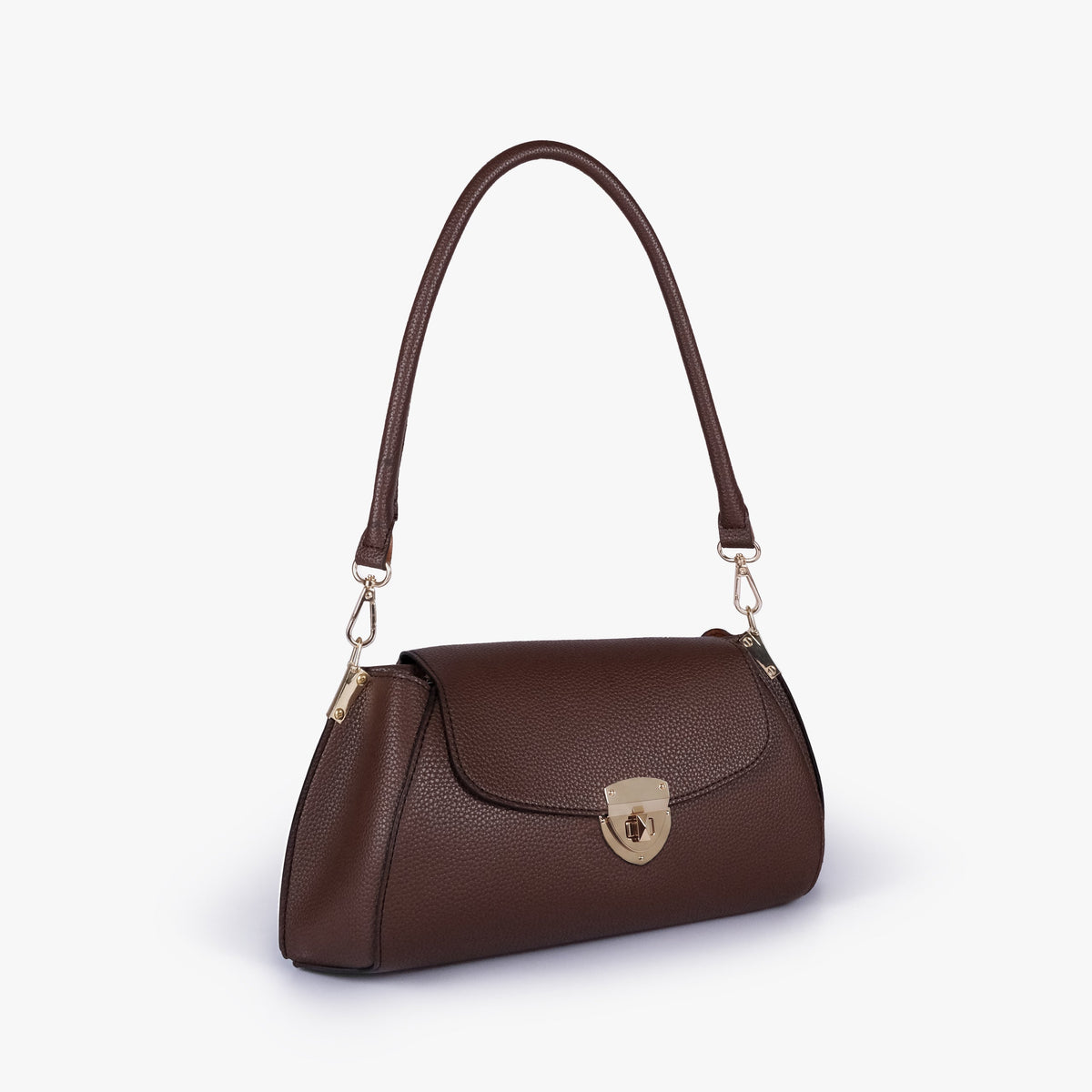 Dark brown pebble baguette bag in three-quarter view