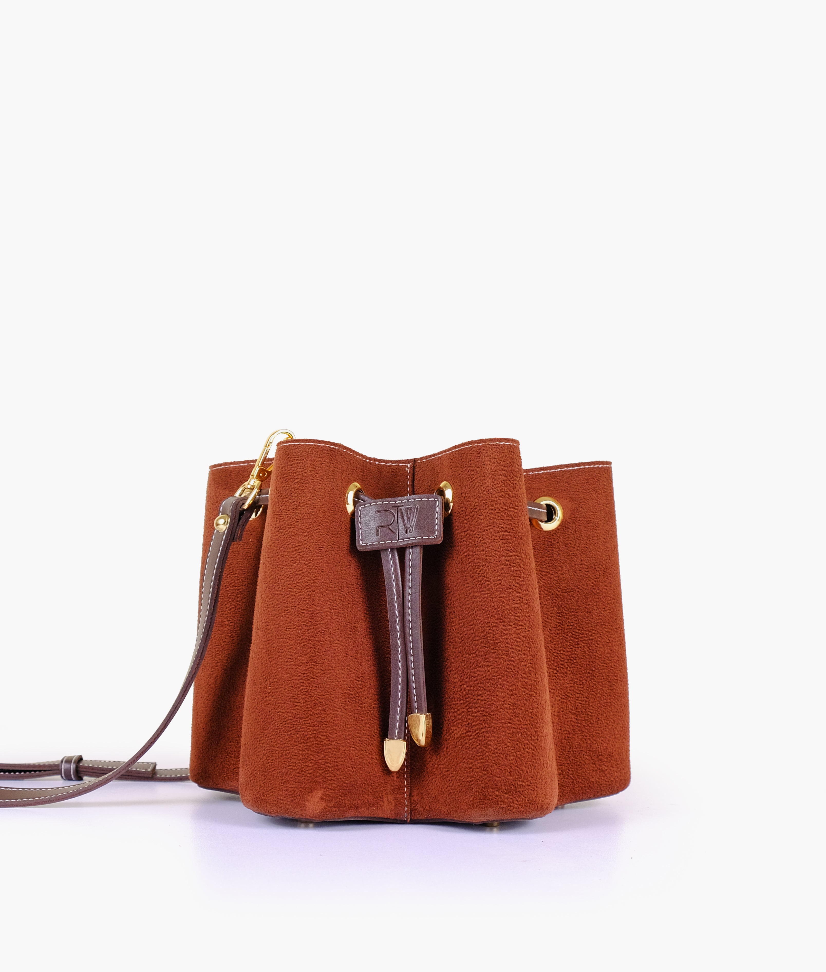 Dark brown suede star drawstring bucket bag