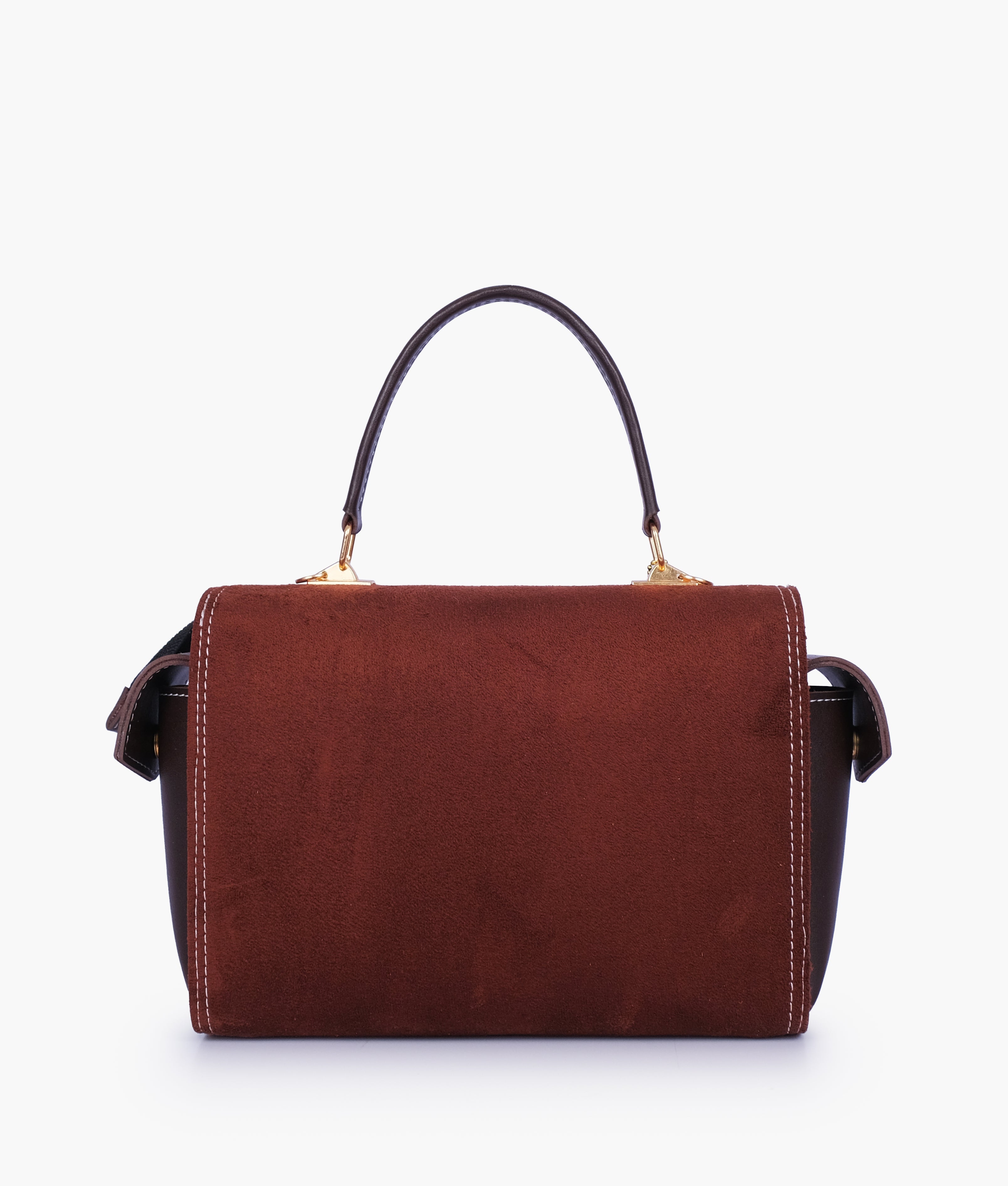 Dark brown suede bowling bag with top-handle