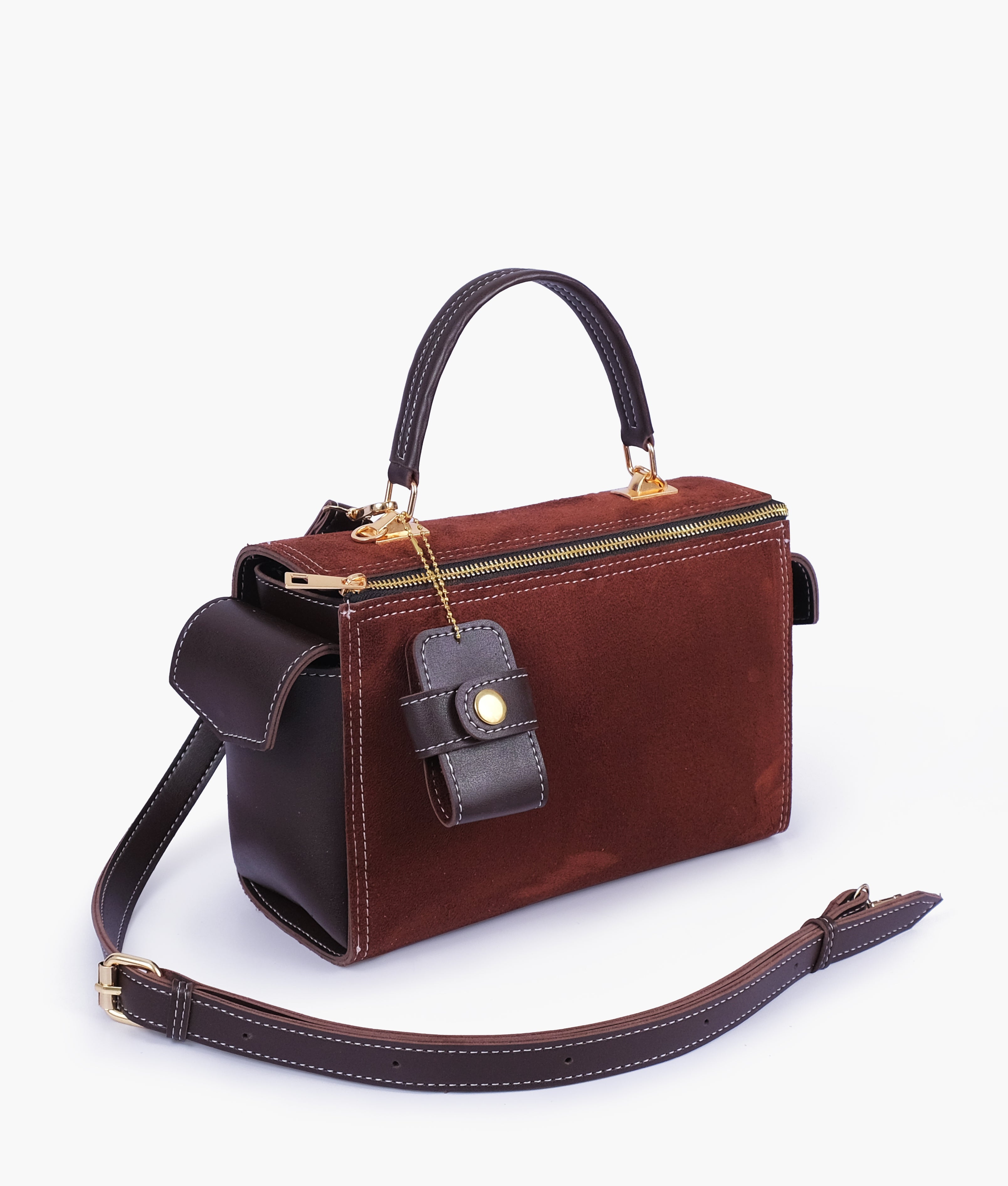 Dark brown suede bowling bag with top-handle